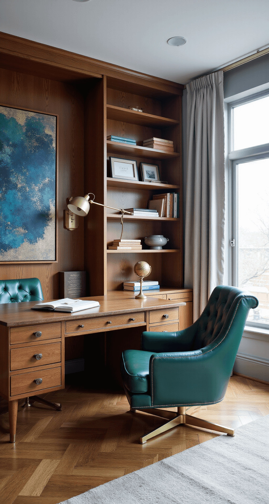 You Haven't Provided the Article Outline Sophisticated home office featuring built-in walnut bookshelves, an emerald green leather Chesterfield armchair, and a floating brass and glass desk, illuminated by soft diffused daylight through a large window.