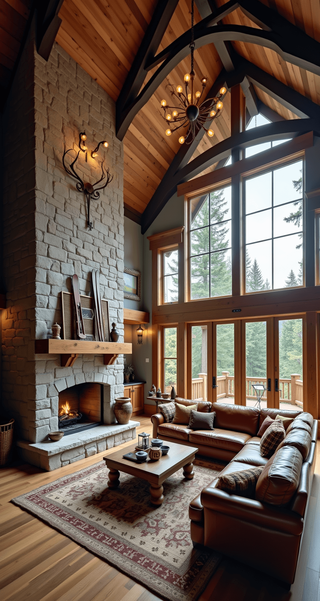 You Haven't Provided the Article Outline A spacious rustic-modern great room in a mountain cabin featuring a massive stone fireplace, cathedral ceiling with dark wood beams, and oversized cognac leather sectional adorned with vintage Pendleton blankets, illuminated by an antler chandelier. Large windows overlook a pine forest, while a hand-woven wool rug in earth tones adds warmth. Vintage ski equipment and cast iron cookware serve as wall art, all bathed in warm golden evening light.