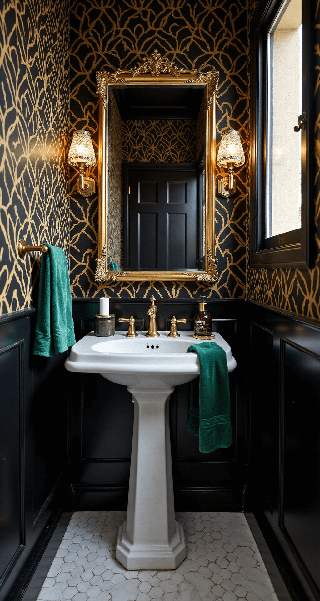 You Haven't Provided the Article Outline Glamorous Art Deco-inspired powder room featuring bold black and gold geometric wallpaper, an antique brass mirror, and a marble pedestal sink, with black and white hexagon floor tiles, crystal sconce lighting, and emerald green velvet hand towels, emphasizing luxury and design precision.