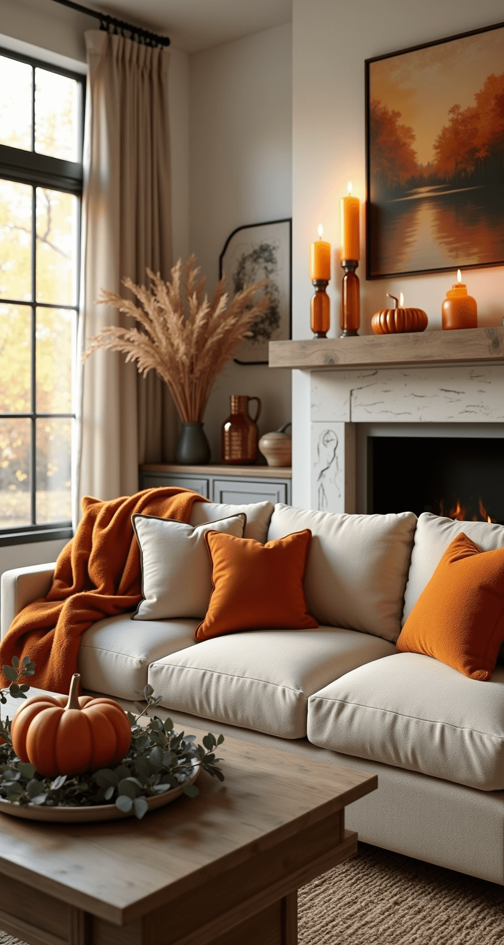 Transform Your Home with Stunning Fall and Thanksgiving Decor That Actually Works A luxurious modern farmhouse living room bathed in golden late afternoon sunlight, featuring a warm beige oversized linen sofa adorned with rust-colored velvet pumpkins and burnt orange wool throws, complemented by copper accents on a distressed wooden coffee table, an elegant centerpiece of eucalyptus and wheat sprays, and abstract fall artwork above a reclaimed wood mantel with amber glass candle holders, all captured with soft diffused lighting and rich textures for a cozy autumnal ambiance.