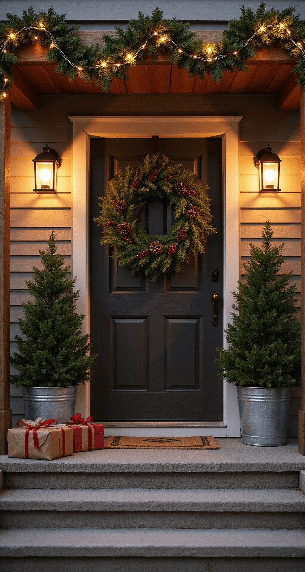 Front Porch Christmas Decor: Making Your Entrance the Star of the Season A cozy Christmas front porch adorned with a lush green wreath on a dark wood door, flanked by pre-lit evergreen trees in galvanized planters, brass lanterns glowing with warm candlelight, and cedar garland wrapped in string lights, all set during golden hour.