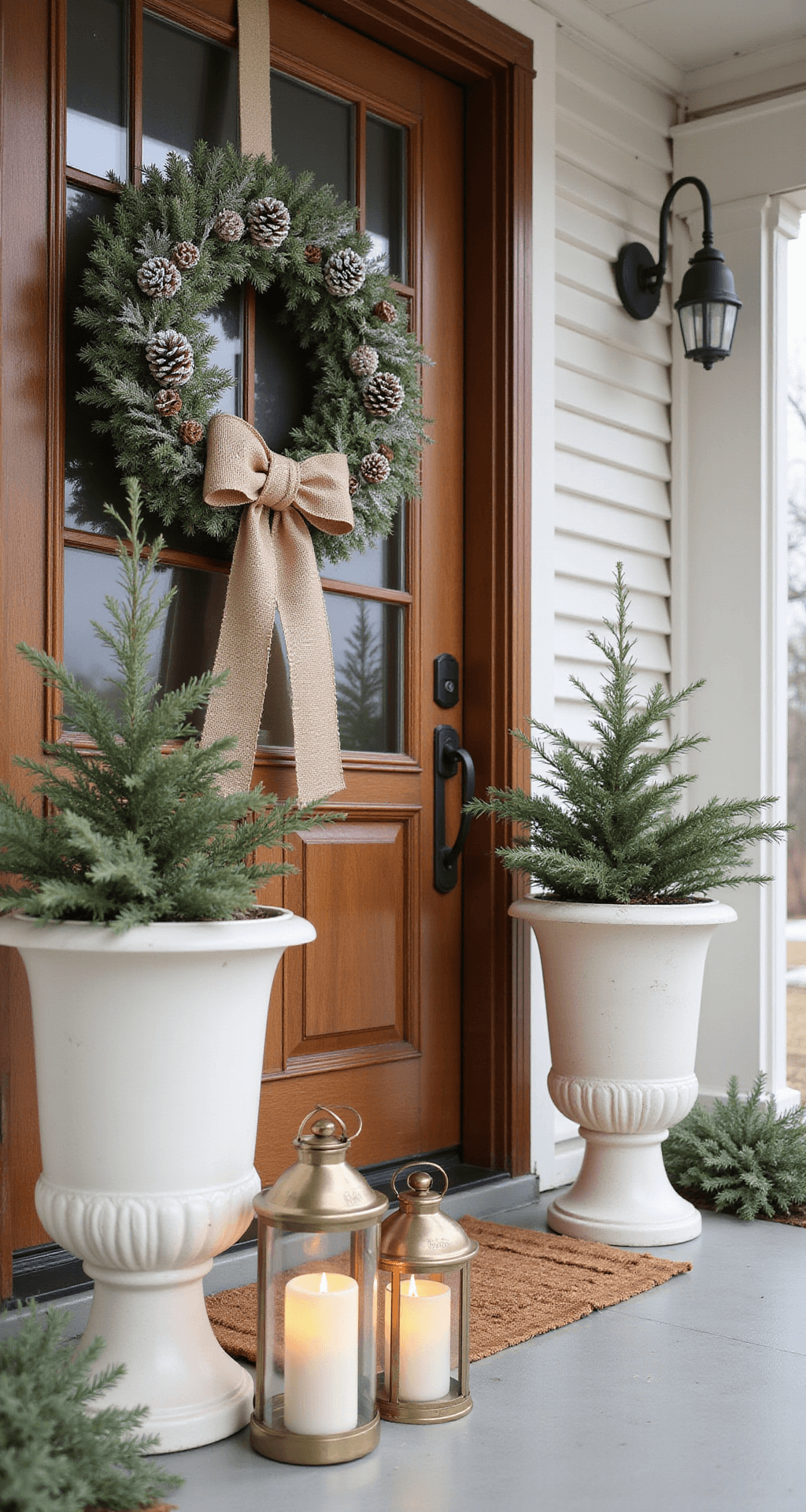 Front Porch Christmas Decor: Making Your Entrance the Star of the Season An elegant winter porch featuring a large wooden front door adorned with an oversized burlap ribbon wreath and frosted pinecones, complemented by white ceramic planters filled with greenery, warm white LED candle lanterns in varying heights, and softly diffused natural daylight highlighting the textures of birch branches and burlap.