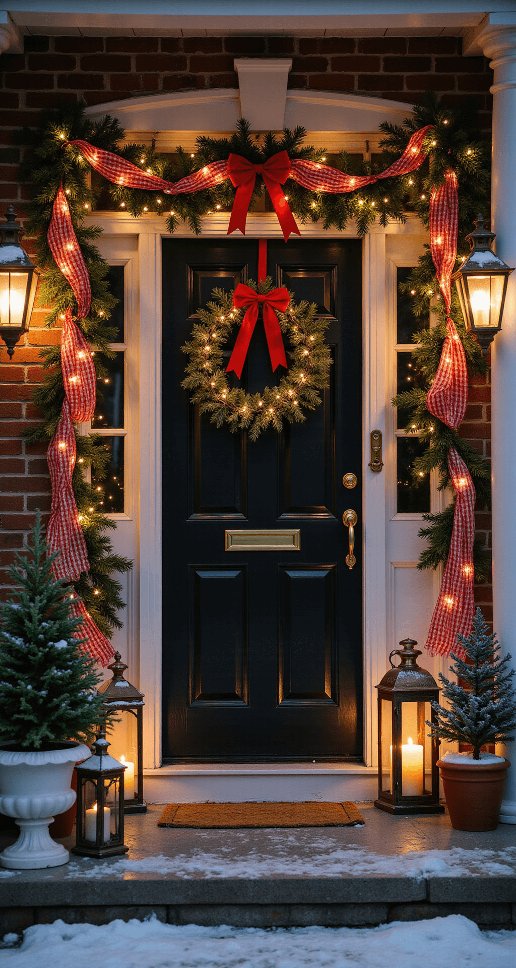 Front Porch Christmas Decor: Making Your Entrance the Star of the Season A beautifully arranged Christmas porch with a black front door adorned with a large statement wreath. Candy cane striped ribbons wrapped around fresh evergreen garlands, complemented by dark green accents and bright red cardinal decorations. Vintage brass lanterns emit a warm, inviting glow, while snow-dusted potted miniature trees and soft string lights enhance the festive atmosphere. The scene is set in a crisp evening light, highlighting the vibrant color contrasts in a symmetrical and cinematic composition.