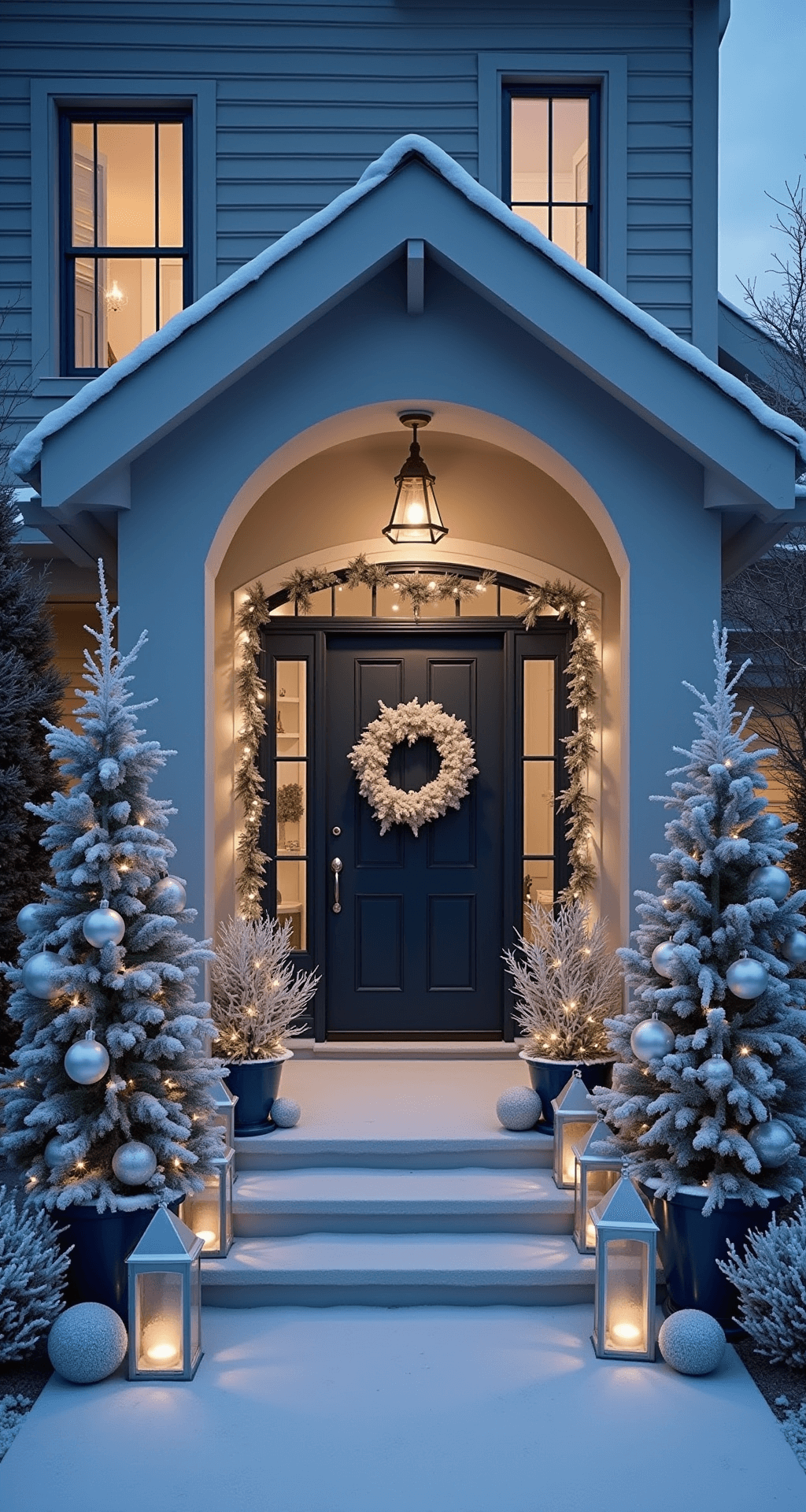 Front Porch Christmas Decor: Making Your Entrance the Star of the Season An elegant Christmas porch design featuring icy blue ornaments and metallic accents, illuminated potted trees, silver bell decorations, and frosted greenery garlands, set against a twilight sky, showcasing a contemporary minimalist aesthetic with soft diffused lighting and luxurious staging.