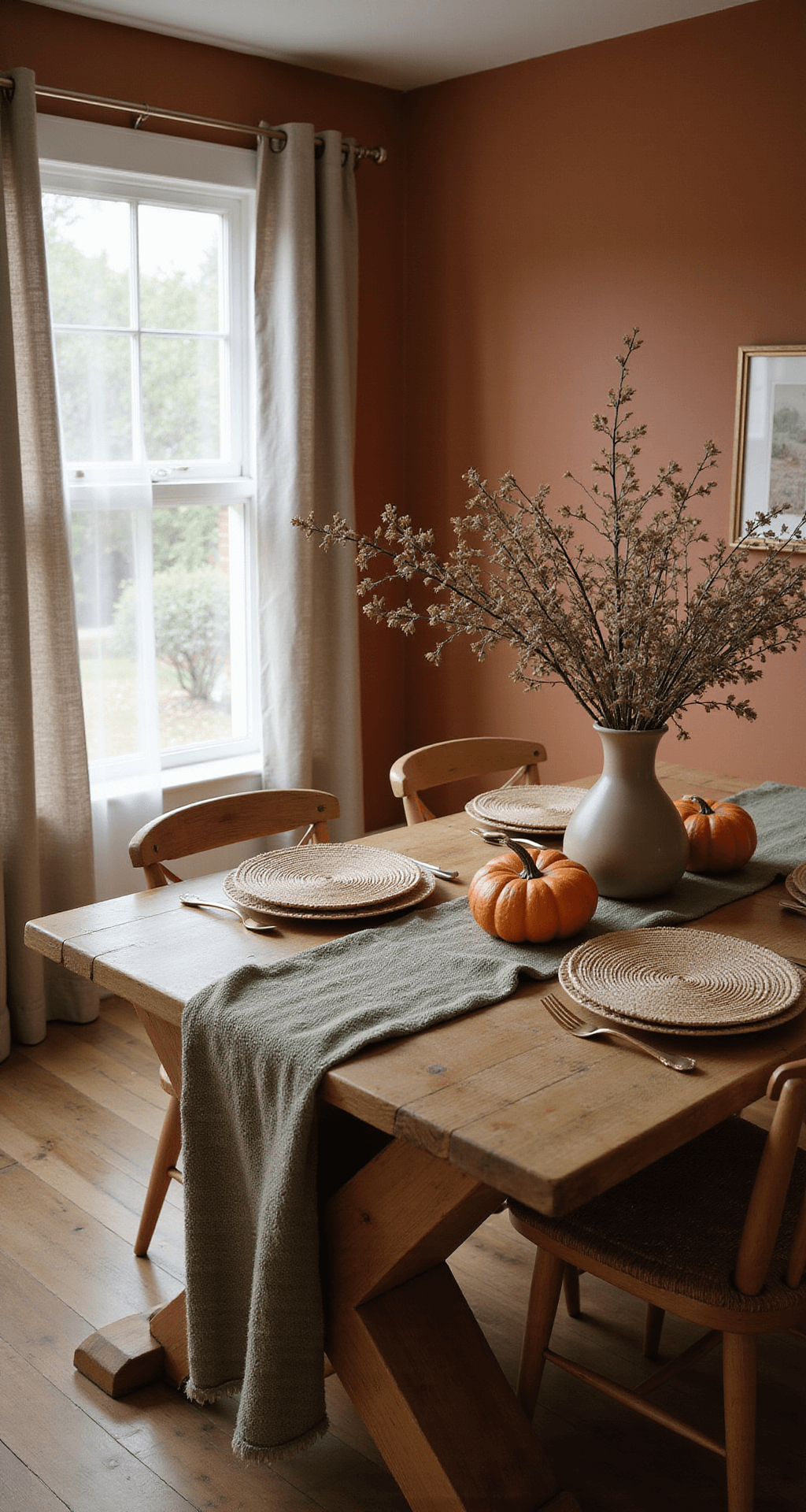 Fall Dining Table Decor That Won't Break Your Back (or Budget) A cozy dining room featuring a massive farmhouse wooden table adorned with a wheat-colored runner, sage green linen placemats, scattered copper-toned pumpkins, and dried eucalyptus, illuminated by soft autumn afternoon light filtering through linen curtains, against warm terracotta walls and hardwood floors, captured from a slightly overhead angle.