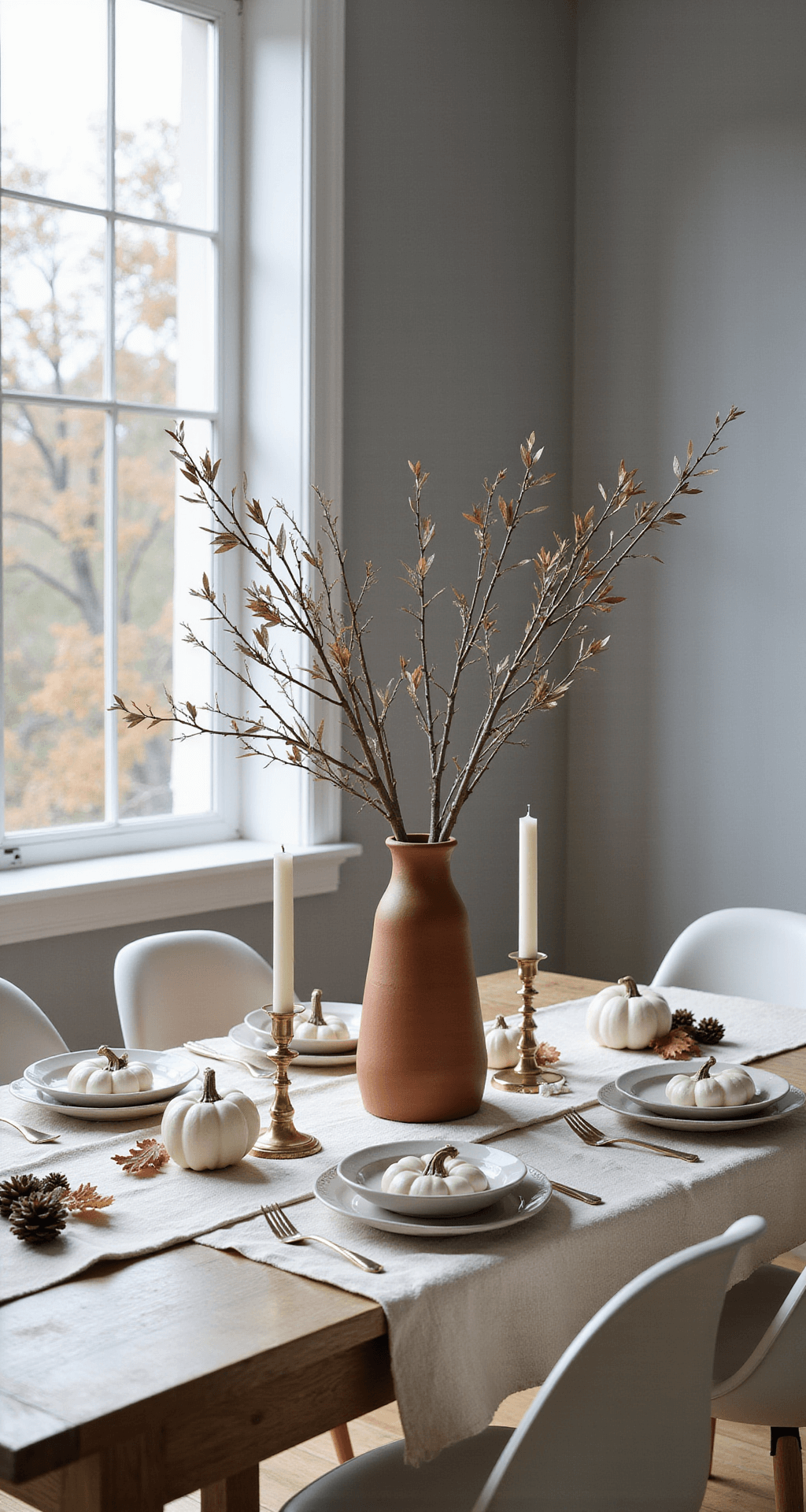 Fall Dining Table Decor That Won't Break Your Back (or Budget) Elegant fall dining tablescape featuring white ceramic pumpkins, faux olive branches in a terracotta vase, and a cream linen runner, accented by brass candlesticks, pinecones, and dried leaves, set against soft gray walls and large windows with autumn views.