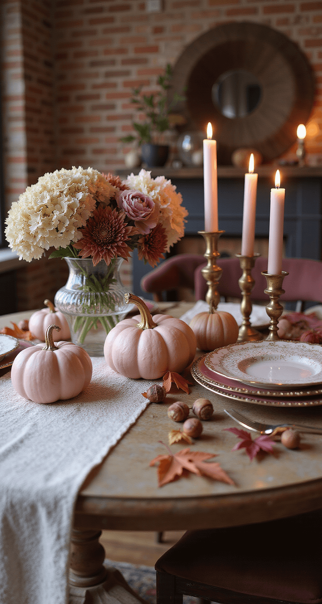 Fall Dining Table Decor That Won't Break Your Back (or Budget) A romantic fall dining scene featuring a vintage table adorned with an antique lace runner, blush pink ceramic pumpkins, and gold taper candles in mismatched holders. A fresh peony and dried hydrangea arrangement in a crystal vase complements scattered copper-toned acorns and silk maple leaves, all set against a warm interior with a soft focus and exposed brick wall. The warm color grading enhances the romantic autumn mood.