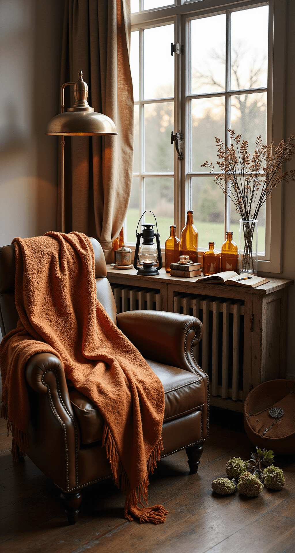 The Vintage Fall Decor That'll Make Your Home Feel Like a Cozy Time Machine A cozy living room corner with layered vintage textiles, antique brass lanterns casting shadows, a burnt orange and harvest gold wool blanket draped over a distressed leather armchair, a weathered wooden side table with a vintage railroad lantern, soft evening light illuminating stacked vintage books, a tin-punched candle holder, scattered dried hydrangeas, a worn leather-bound journal, a strategically folded vintage quilt, and amber glass bottles reflecting the sunset.