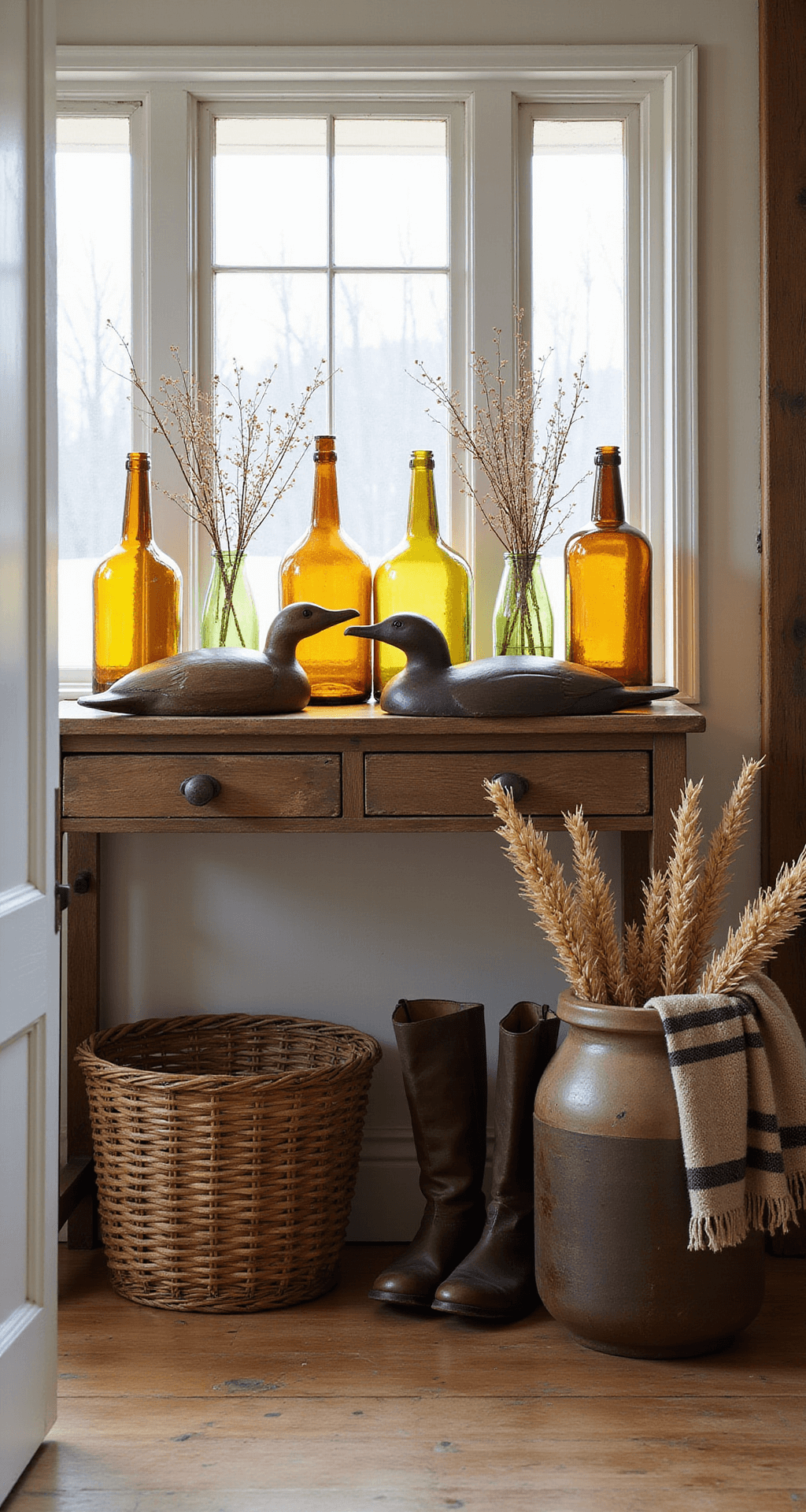 The Vintage Fall Decor That'll Make Your Home Feel Like a Cozy Time Machine An inviting entryway featuring vintage wooden duck decoys on a reclaimed wooden console table, surrounded by colorful glass bottles in amber, olive green, and brown. Soft morning light filters through a leaded glass window, casting intricate patterns on vintage baskets. An antique crock holds dried wheat and bittersweet branches, while worn leather boots and a striped wool camp blanket add to the autumn charm.