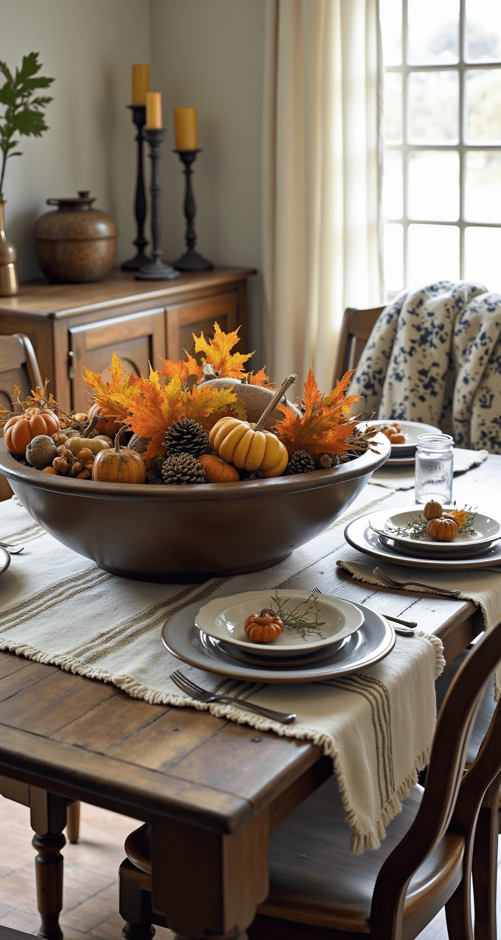 The Vintage Fall Decor That'll Make Your Home Feel Like a Cozy Time Machine A rustic dining room tablescape featuring an antique dough bowl overflowing with turning maple leaves, pine cones, and small heirloom pumpkins; vintage ironstone plates on a reclaimed wooden sideboard; mason jars with delicate branches; a hand-crocheted afghan draped on a chair; brass candlesticks with wax drips; and wooden duck decoys for added interest.