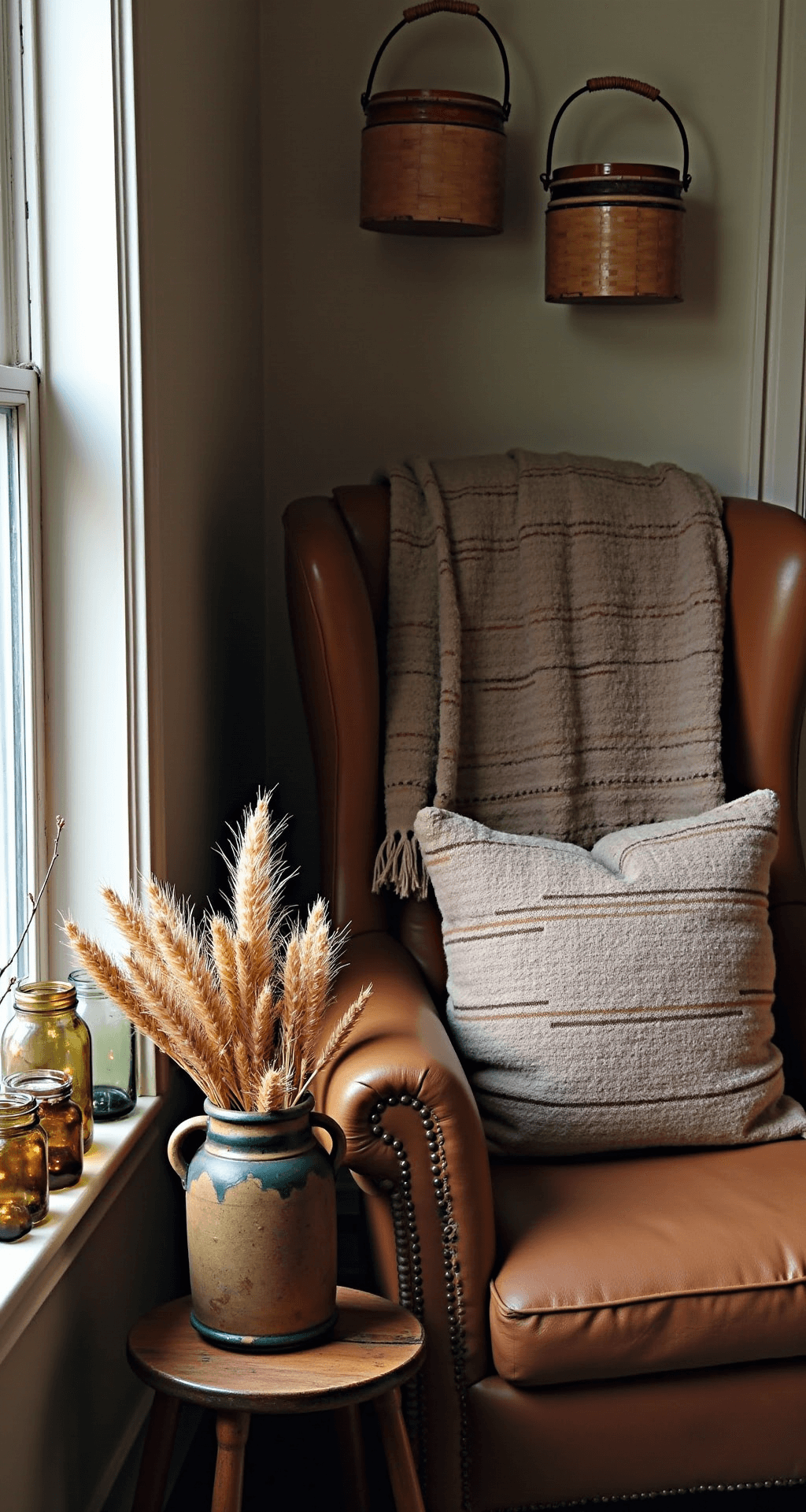 The Vintage Fall Decor That'll Make Your Home Feel Like a Cozy Time Machine A cozy reading nook with vintage baskets displaying character flaws, a leather armchair draped in a muted fall blanket, a side table with colored glass bottles illuminated by afternoon light, a mason jar of fairy lights, and dried wheat and bittersweet branches in an antique crock.