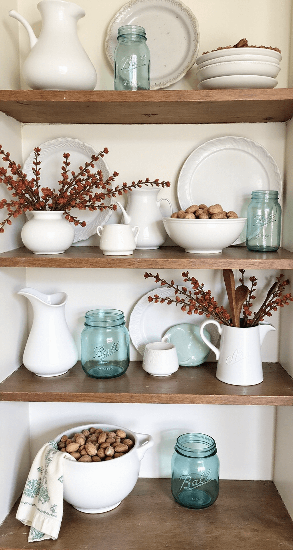 The Vintage Fall Decor That'll Make Your Home Feel Like a Cozy Time Machine A beautifully arranged kitchen open shelving display featuring vintage ironstone pitchers and plates, complemented by autumn elements like bowls of nuts, blue Ball mason jars with bittersweet branches, and vintage wooden spoons, all bathed in soft morning light.