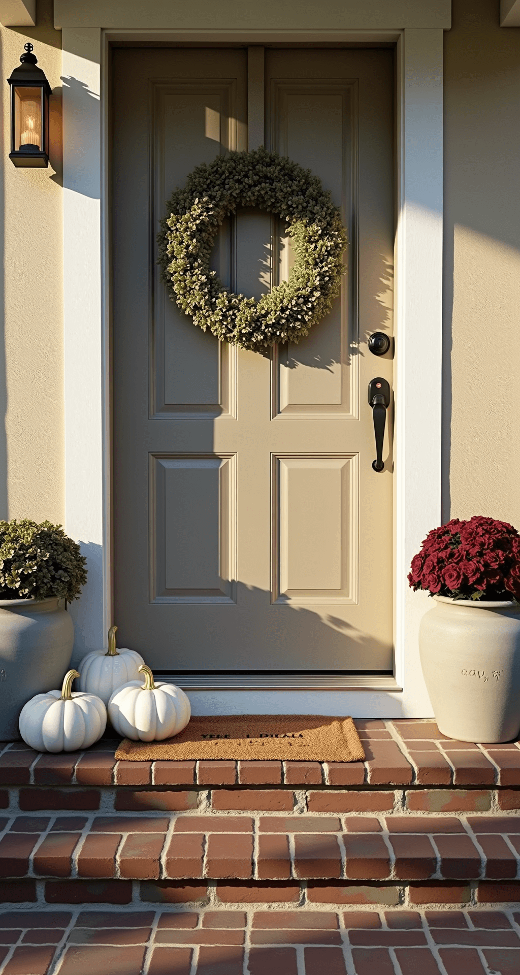 Fall Front Door Decor That Actually Makes Neighbors Slow Down A sophisticated autumn front door featuring a textured grapevine wreath in sage green and white on a warm taupe wooden door, illuminated by soft golden morning light. A trio of white and sage-painted pumpkins sit asymmetrically on weathered brick steps, accompanied by oversized ceramic planters filled with burgundy mums and ornamental kale. A jute layered doormat with subtle fall text and a vintage brass lantern with soft LED candlelight enhance the inviting atmosphere.