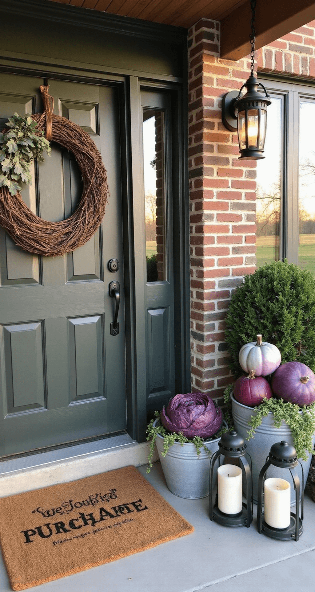 Fall Front Door Decor That Actually Makes Neighbors Slow Down Rustic farmhouse front porch adorned with a deep burgundy and plum color palette, featuring an oversized grapevine pumpkin wreath, a deep forest green wooden door, galvanized planters with ornamental cabbage and heirloom pumpkins, vintage lanterns with flickering candles, and a layered doormat, all bathed in warm golden hour lighting.