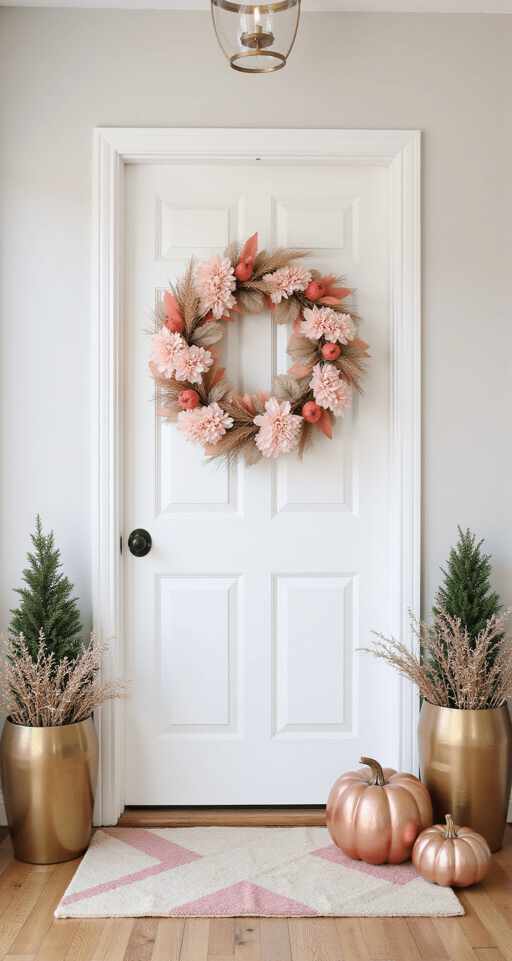 Fall Front Door Decor That Actually Makes Neighbors Slow Down Modern fall entryway featuring a sleek white door adorned with a large abstract floral wreath in blush, coral, and metallic gold. Accompanied by matching brass planters with pink mums and ornamental grasses, a contemporary geometric doormat in cream and blush, and metallic pumpkins in rose gold, copper, and champagne. Soft morning light enhances the sophisticated color palette and minimalist styling.