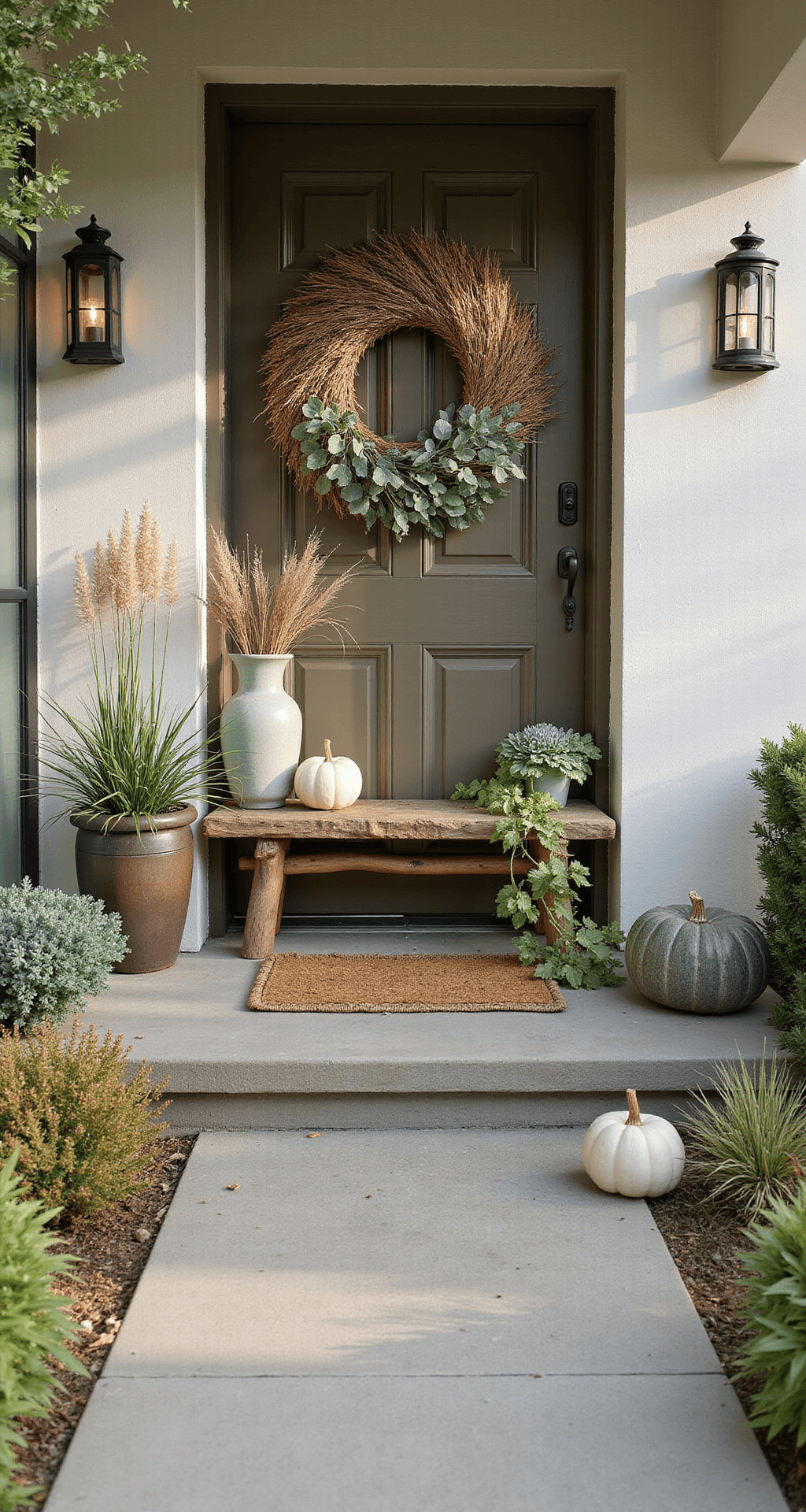 Fall Front Door Decor That Actually Makes Neighbors Slow Down A welcoming autumn front entrance featuring a large dried grass and eucalyptus wreath, a reclaimed wood console table adorned with sage green and white ceramic pumpkins among potted succulents, and a woven doormat. Vintage wooden lanterns and a stone walkway lined with ornamental kale enhance the natural textures and earthy tones in soft mid-morning light.