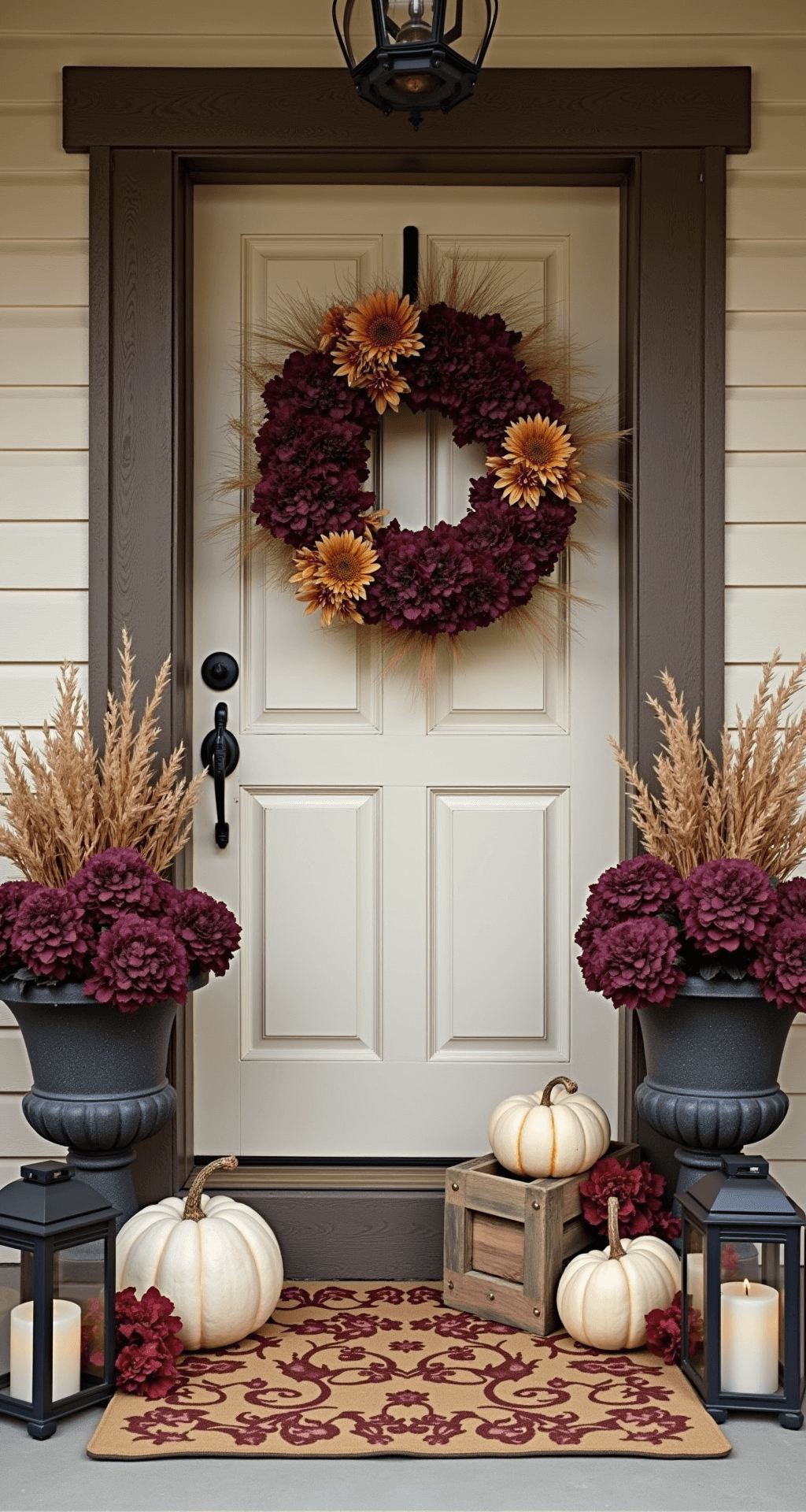 Fall Front Door Decor That Actually Makes Neighbors Slow Down Cozy fall entryway featuring a handmade wreath, antique wooden door, cast iron planters with mums, a vintage crate of pumpkins, and warm lantern lighting, all in warm cream and deep burgundy tones.
