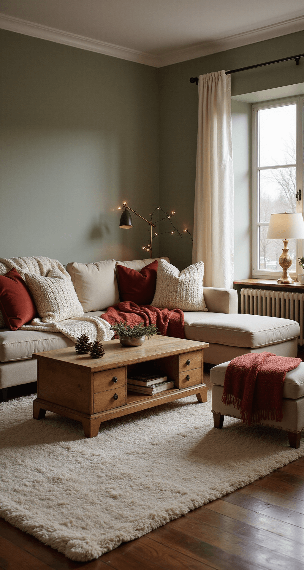 The Living Room That Made My Family Actually Want to Stay Home This Christmas Ultra-detailed winter living room featuring soft sage green walls and warm cranberry accents, a vintage wooden coffee table with textured throws, a modern sectional sofa adorned with chunky knit and velvet pillows, a large picture window with fairy lights, rich wooden floors with an ivory shag rug, and vintage brass lamps creating a cozy ambiance, all captured from a low angle.