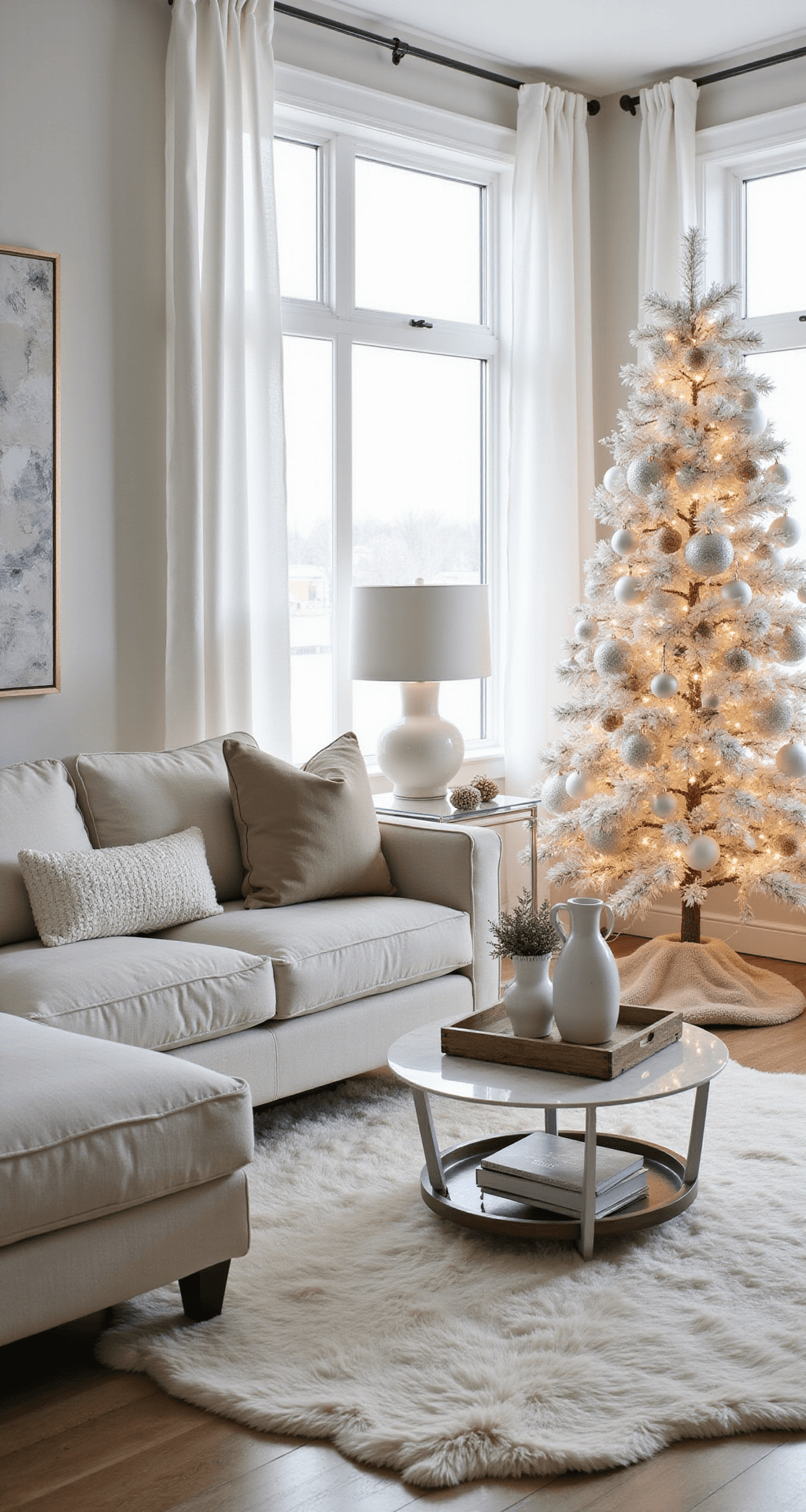 The Living Room That Made My Family Actually Want to Stay Home This Christmas A spacious, neutral minimalist holiday living room featuring a soft beige and ivory color scheme, a decorated white tree, a linen sectional sofa with textured throw pillows, a sheepskin rug, abstract art, a glass coffee table with decor, white ceramic lamps, and large windows with sheer curtains.