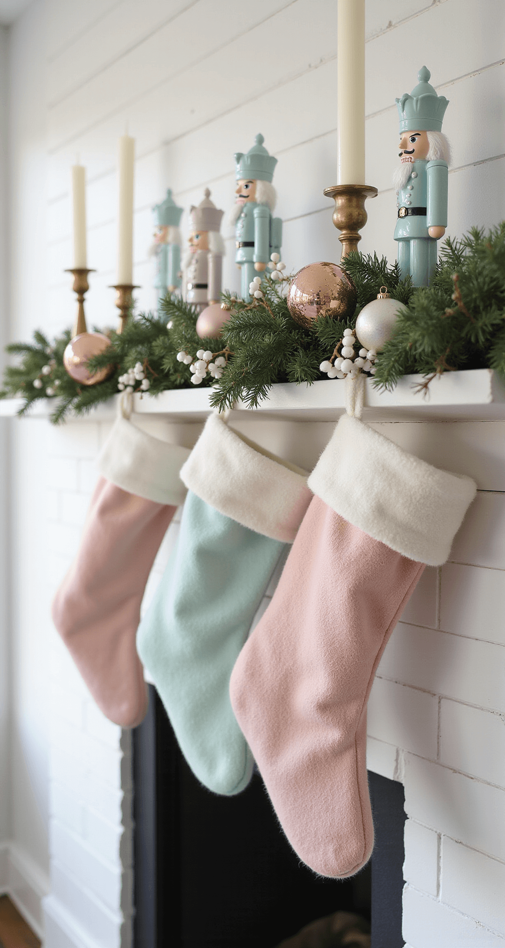 Pastel Christmas Decor: Your Guide to Creating a Dreamy Holiday Wonderland A low-angle shot of an intimate mantelpiece decorated with pastel Christmas stockings in blush, mint, and cream, adorned with an asymmetrical garland of pastel ornaments and white berry accents. Vintage ceramic nutcracker figurines in soft blues are arranged alongside antique brass candle holders with ivory pillar candles. The soft white shiplap wall serves as a subtle backdrop, illuminated by warm tungsten lighting and soft natural light, creating a nostalgic and elegant atmosphere.