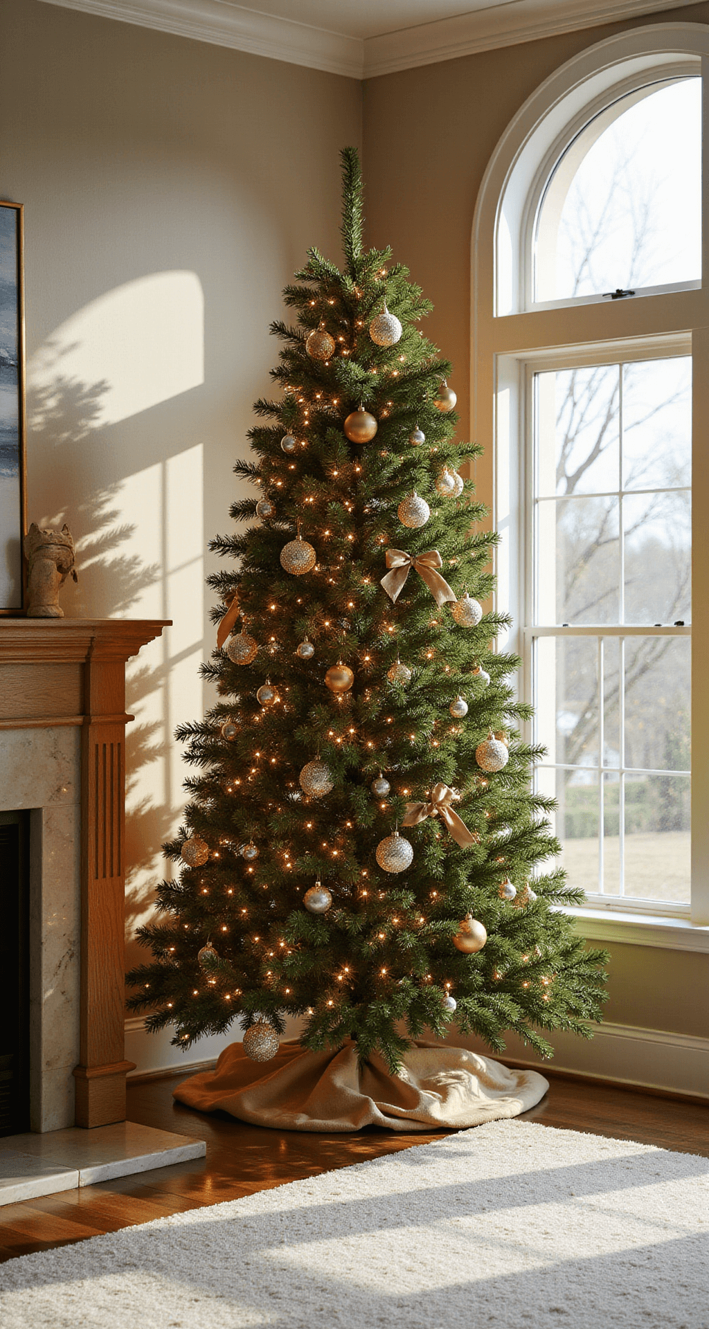 Elegant Christmas Decor: How to Create a Sophisticated Holiday Look That Actually Feels Luxurious An ultra-wide interior shot of a luxurious living room featuring a 10-foot artificial Christmas tree adorned in gold and champagne colors, illuminated by warm white lights, with a minimalist marble fireplace in the background and soft winter light casting golden shadows across a plush cream rug.