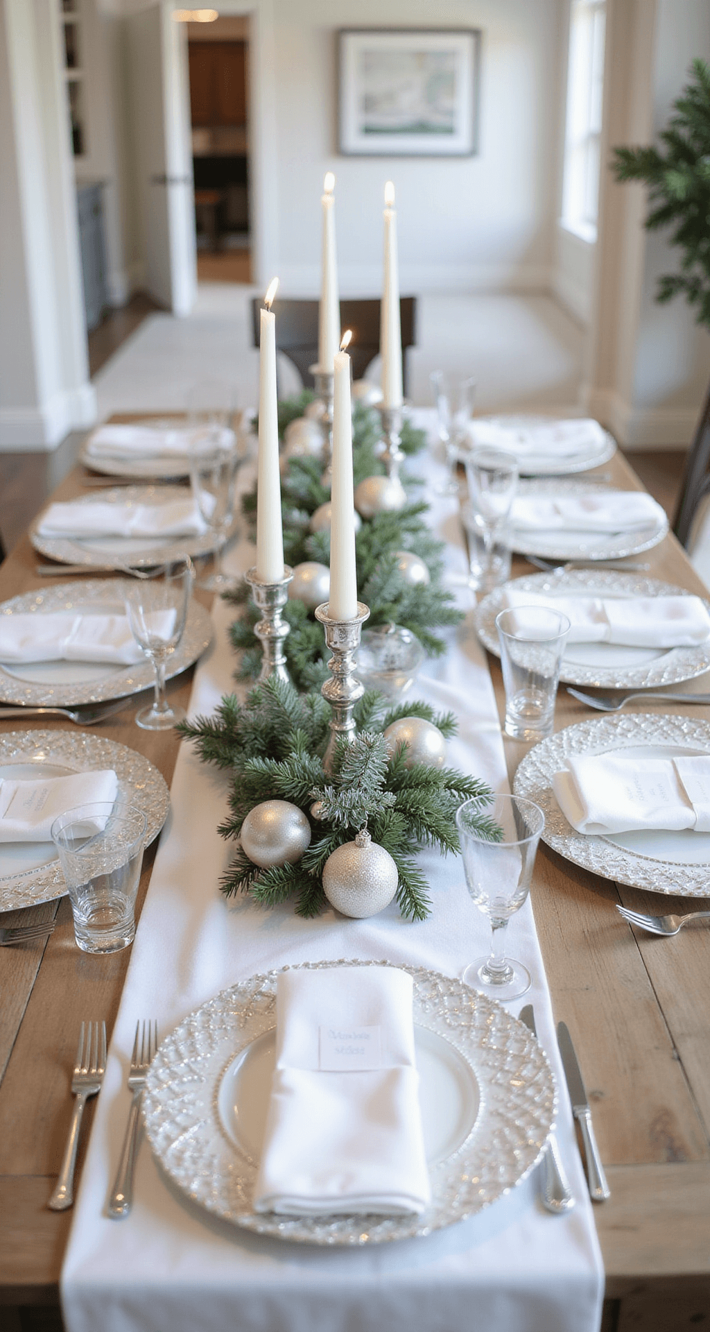 Elegant Christmas Decor: How to Create a Sophisticated Holiday Look That Actually Feels Luxurious Soft-focus image of an elegantly decorated dining room featuring a winter-themed tablescape in white and pearl tones, with a large rectangular table adorned with a white linen runner, crystal charger plates, silver candelabras, and a centerpiece of frosted pine branches and pearl baubles, all illuminated by soft ambient lighting.
