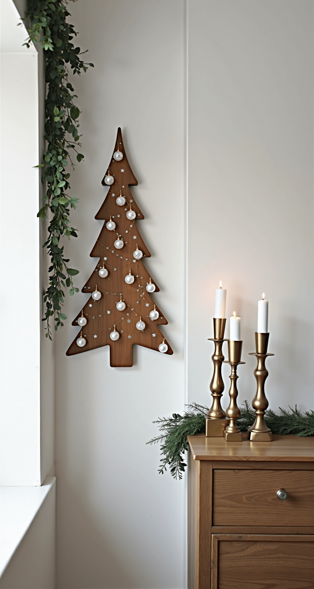 Christmas Decor Ideas for 2024: The Trends That Defined the Season Cozy apartment corner with a slim wall-mounted Christmas tree adorned with pearl and crystal ornaments, eucalyptus garlands, and varying heights of brushed gold candle holders, styled in Scandinavian design with natural wood elements and soft, intimate lighting.