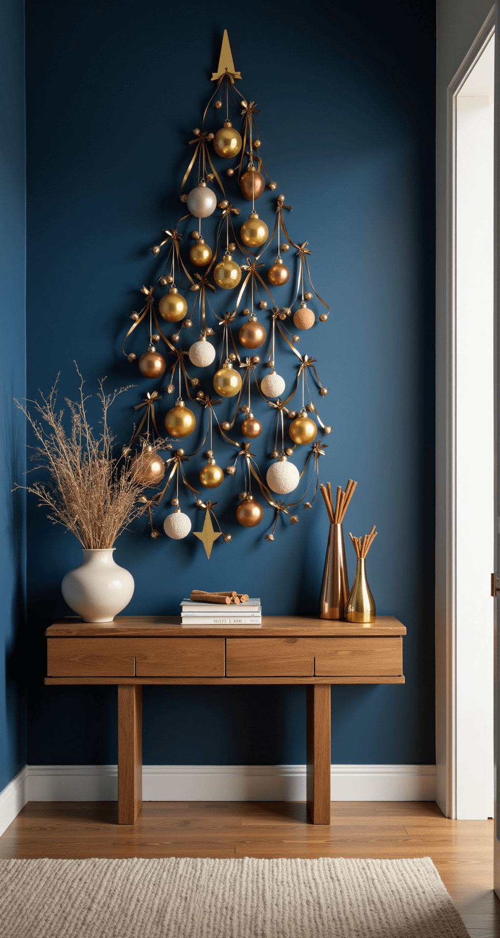 Christmas Decor Ideas for 2024: The Trends That Defined the Season An elegant entryway featuring deep sapphire blue walls adorned with a gallery-style ornament display, resembling a Christmas tree silhouette created with gold ribbons. The mixed metallic finishes of brushed gold, polished brass, and rose gold ornaments mix with vintage ceramics and modern geometric shapes, complemented by a natural wood console with cinnamon stick bundles and dried flowers, all illuminated by soft side lighting that enhances the textures and creates dramatic shadows.