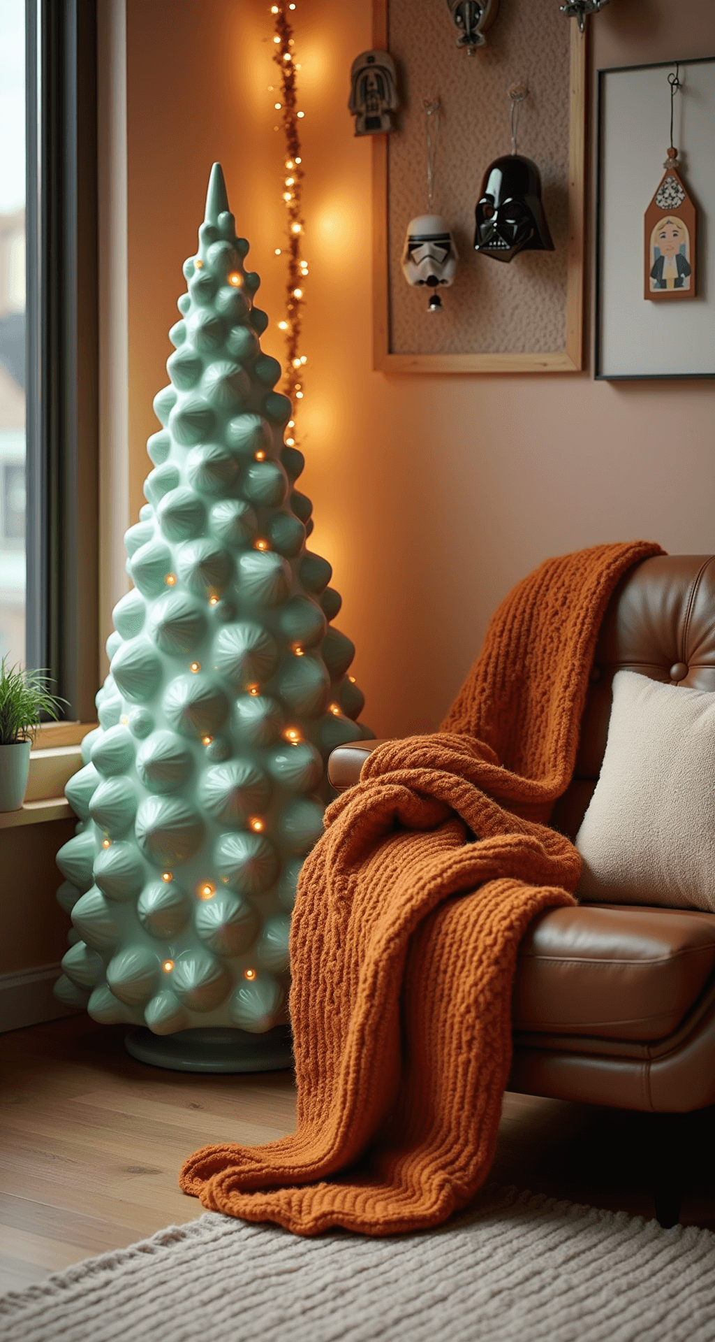 Christmas Decor Ideas for 2024: The Trends That Defined the Season Cozy living room corner with retro revival elements, featuring a mint green ceramic tree, contemporary leather armchair, burnt orange knit throw, pop culture ornaments, glowing bubble lights, and warm gold string lights, all amidst layered textures and soft, diffused lighting.