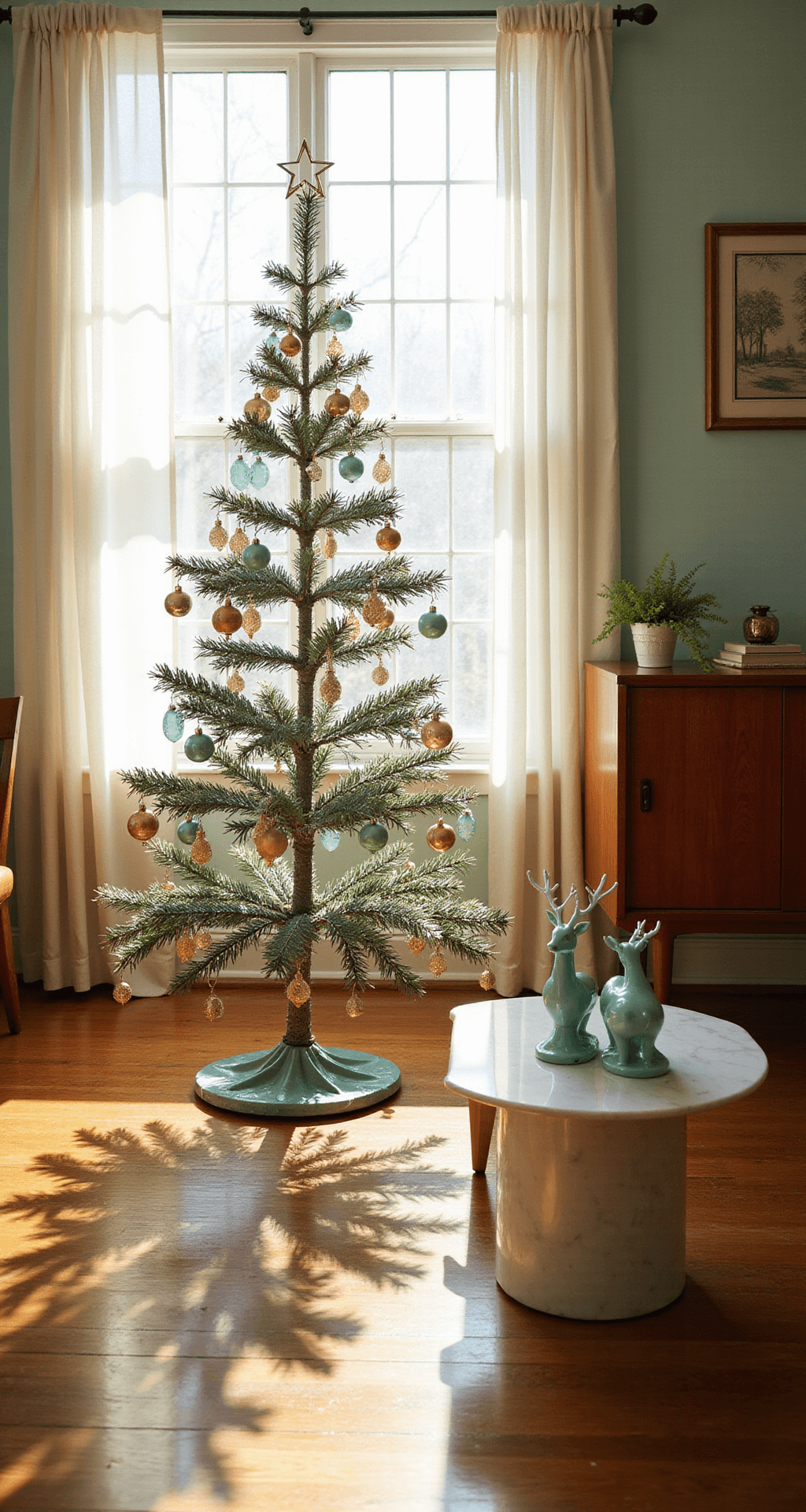 Your Guide to Creating Stunning Vintage Christmas Decor That Actually Looks Expensive A mid-century living room bathed in soft afternoon sunlight, featuring a 1950s aluminum Christmas tree adorned with pastel glass ornaments, a teak credenza, and vintage ceramic reindeer on a marble side table, all showcased in a warm turquoise and champagne gold color palette, with reflections dancing on polished hardwood floors.