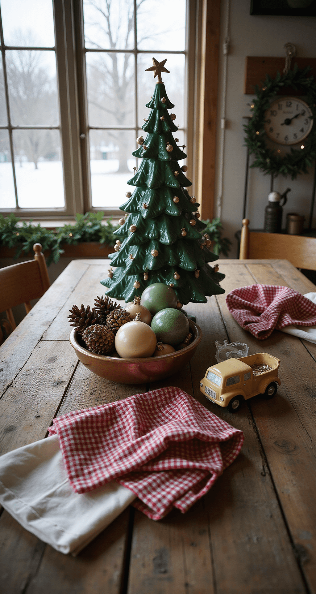 Your Guide to Creating Stunning Vintage Christmas Decor That Actually Looks Expensive A rustic country cottage kitchen adorned for Christmas, featuring a glowing 1940s ceramic tree on a weathered wooden table, surrounded by vintage red and white linens, antique glass ornaments, handmade pine cone garlands, and wooden toy trucks, all illuminated by natural light from a frost-covered window.