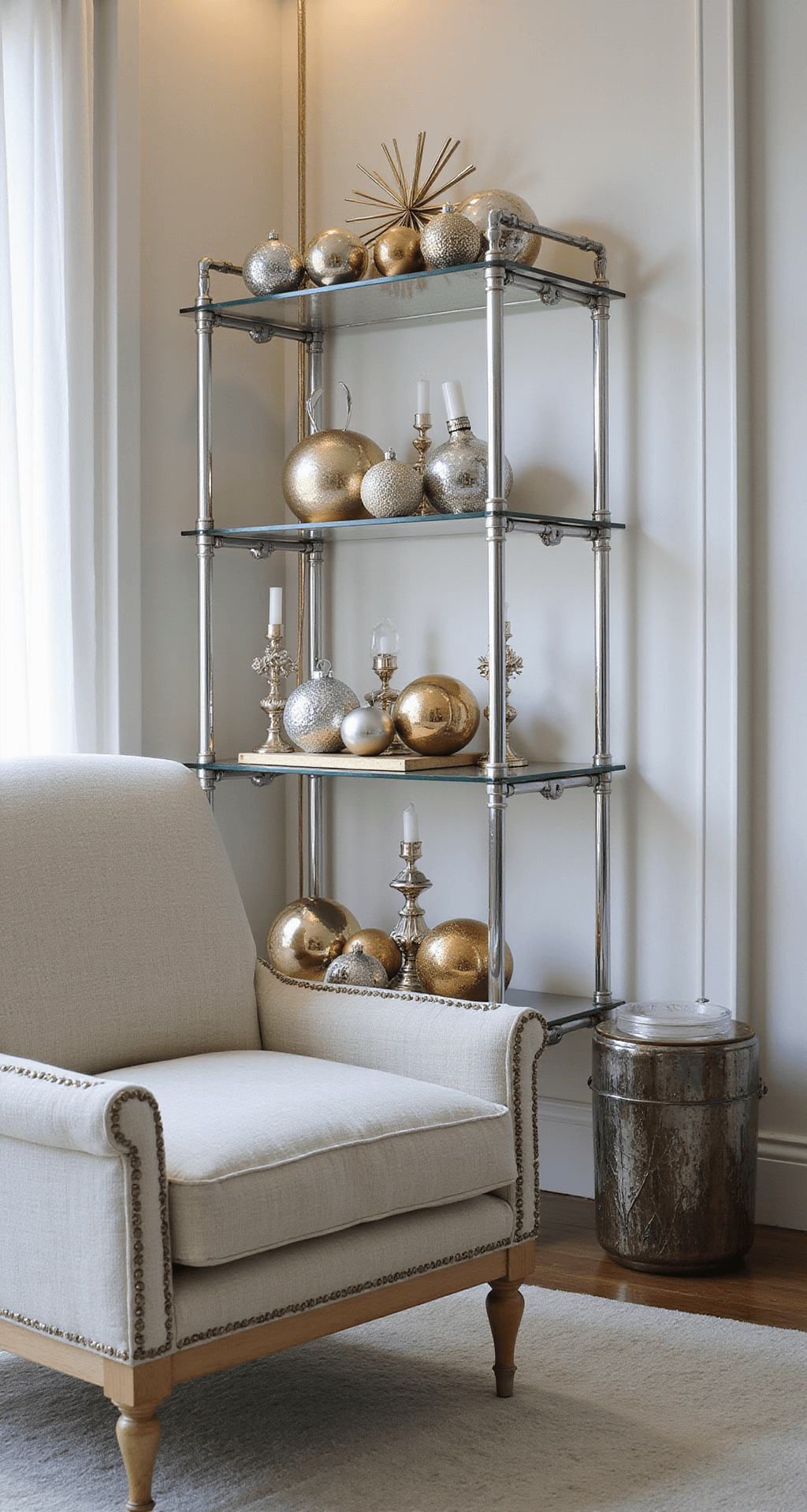 Your Guide to Creating Stunning Vintage Christmas Decor That Actually Looks Expensive An elegant Art Deco inspired living room featuring a geometric vintage Christmas setup with a chrome and glass display unit filled with metallic vintage glass ornaments, starburst decorative elements, and a minimal color palette of white, silver, and black, highlighted by accent lighting creating dramatic shadows.