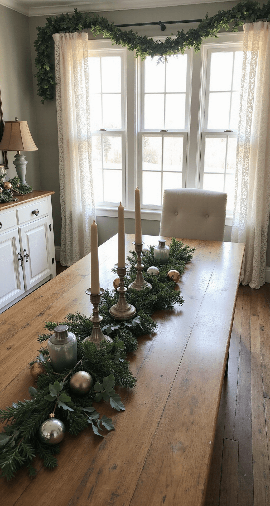 How to Create Classy Christmas Decor That Looks Expensive (But Isn't) A vintage-inspired dining room featuring a large wooden farmhouse table adorned with mismatched mercury glass centerpieces, a layered greenery runner of eucalyptus and cedar, and antique silver candlesticks. The mantel displays an asymmetrically draped beaded garland, with soft winter light filtering through lace curtains, illuminating mixed metallic accents and worn wooden floors. The scene is captured from a low angle, showcasing a nostalgic warmth in a muted color palette of sage, cream, and burnished metals.