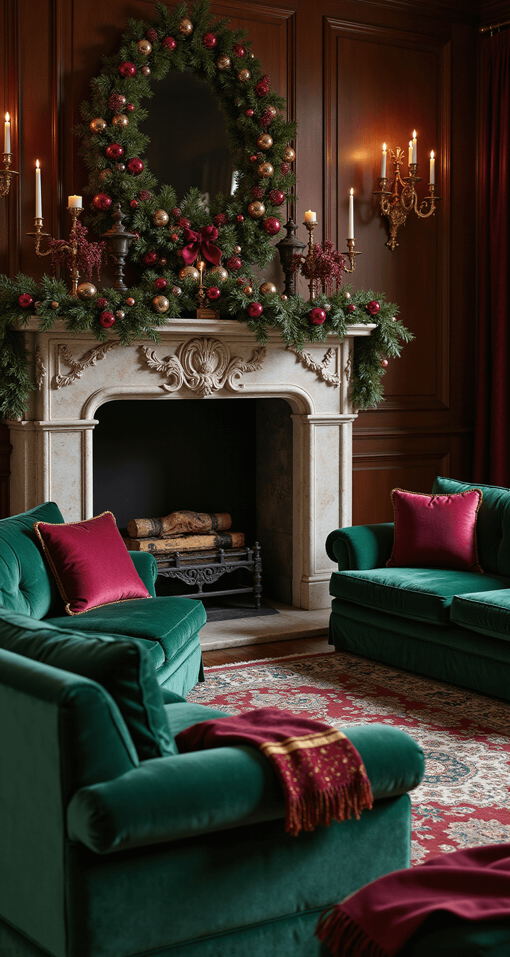 How to Create Classy Christmas Decor That Looks Expensive (But Isn't) A luxurious living room in a castle, featuring emerald velvet sofas around a marble fireplace, deep burgundy pillows, gold-trimmed blankets, and a dramatic garland decorated with ruby and sapphire ornaments. Candelabras with white candles illuminate the space, with rich mahogany paneling and moody lighting enhancing the grandeur. An intricate Persian rug complements the jewel-toned color palette.