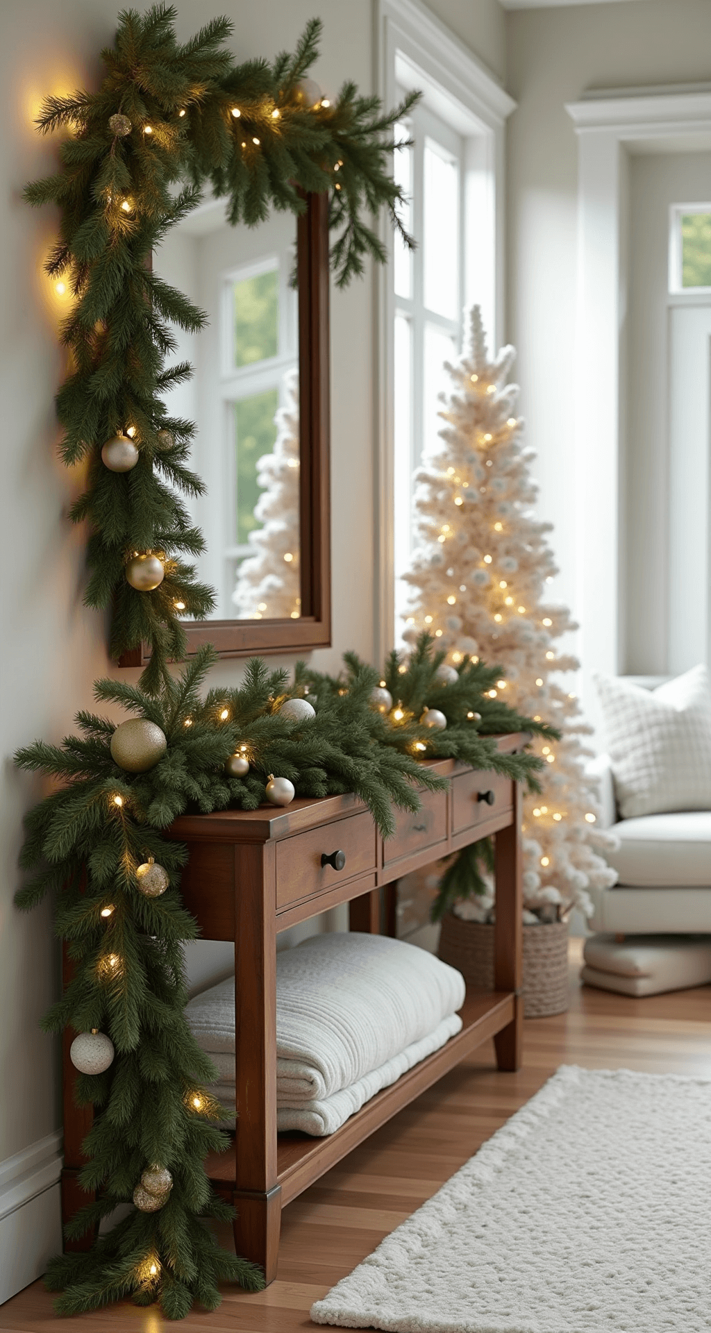 Transform Your Entryway: Christmas Table Decor That Actually Works A cozy entryway scene featuring a vintage walnut console table adorned with an asymmetrical 6-foot pine garland, illuminated by fairy lights, accompanied by a slim white pre-lit Christmas tree with muted gold and silver glass ornaments; soft winter light filters through a window, casting gentle shadows on a white textured throw blanket. The warm neutral color palette of cream, sage green, and metallic accents creates an inviting atmosphere, while a modern farmhouse interior subtly hints in the soft-focus background.