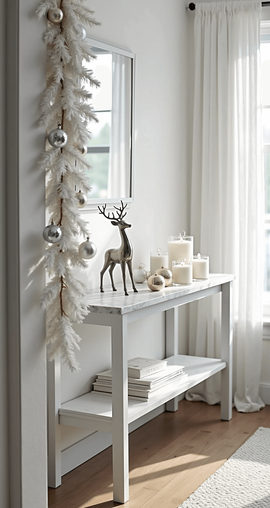 Transform Your Entryway: Christmas Table Decor That Actually Works A minimalist winter wonderland entryway tableau featuring an all-white frosted pine garland on a sleek marble-topped console table, adorned with clear glass ornaments, a silver ceramic deer figurine, and battery-operated white pillar candles, all illuminated by soft natural light and overhead lighting.