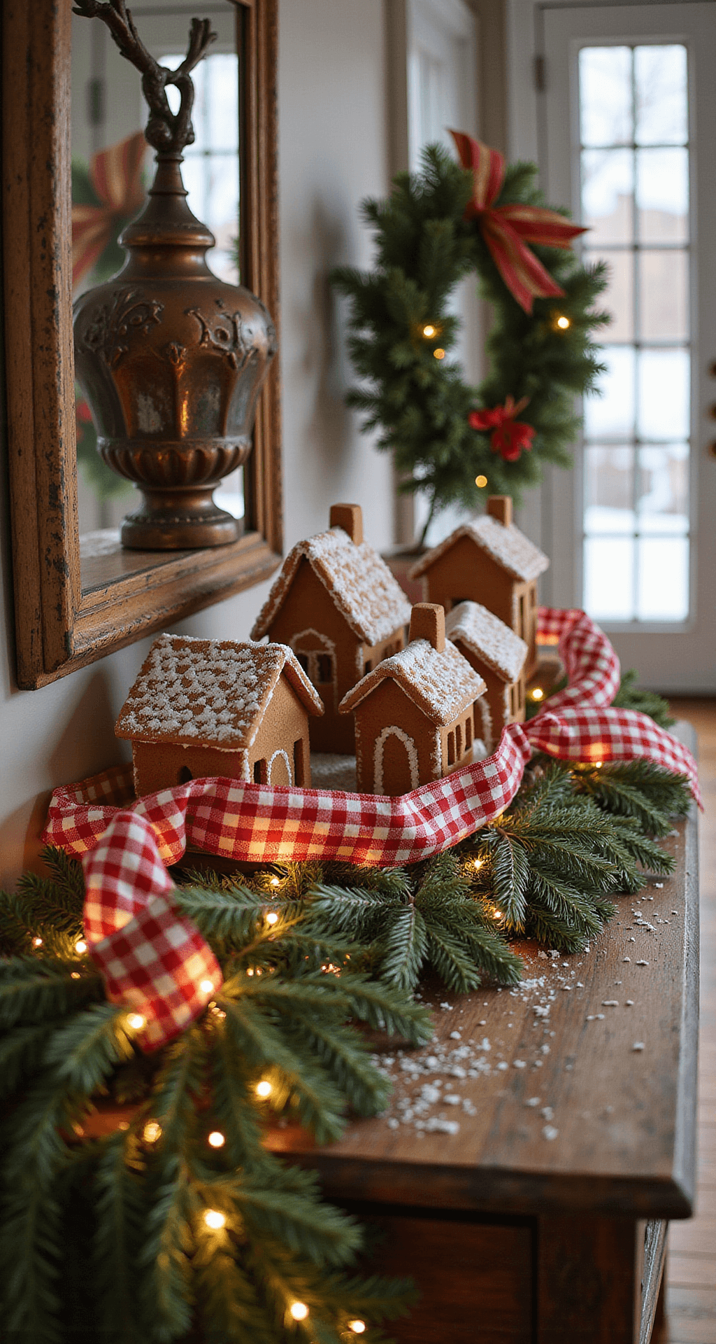 Transform Your Entryway: Christmas Table Decor That Actually Works A cozy rustic entryway featuring a distressed wooden console table draped with a natural pine garland intertwined with red and white gingham ribbon. Asymmetrically arranged gingerbread house decorations, surrounded by a dusting of artificial snow, create a whimsical winter scene. Soft golden fairy lights illuminate the scene, complemented by vintage copper and bronze accents for a nostalgic holiday charm.