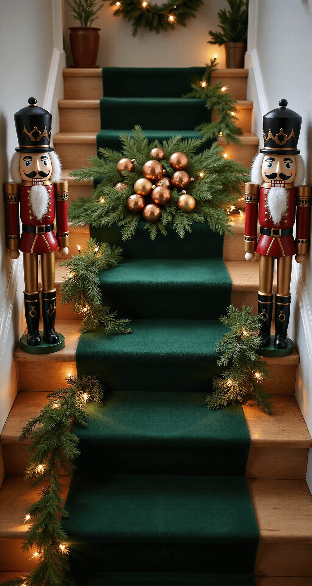 Transform Your Entryway: Christmas Table Decor That Actually Works A festive entryway arrangement featuring two large wooden nutcrackers flanking a deep green velvet runner, adorned with a cluster of metallic ornaments and a lush pine garland interlaced with fairy lights, all showcasing rich jewel tones and warm lighting for a whimsical holiday ambiance.