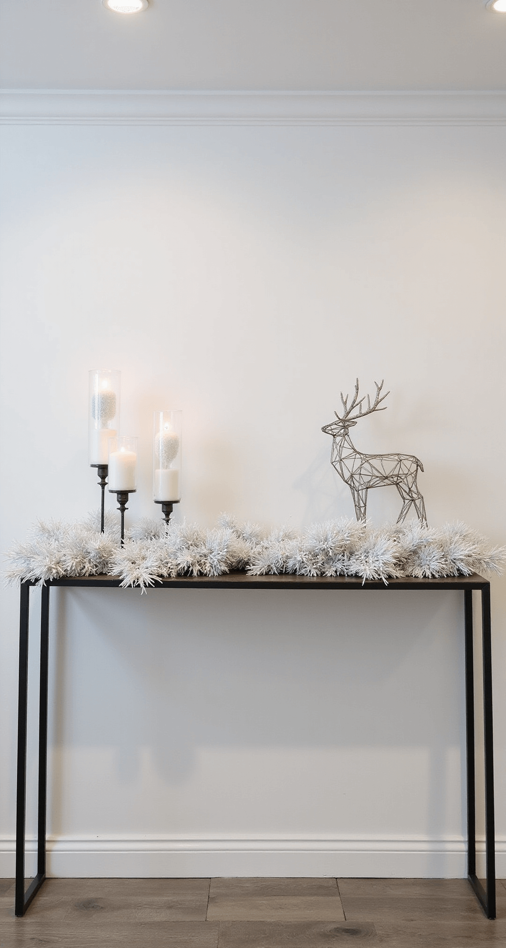Transform Your Entryway: Christmas Table Decor That Actually Works A contemporary holiday entryway featuring a slim black metal console table adorned with a white frosted pine garland, clear and white glass ornaments, and battery-operated LED candles. A modern silver geometric reindeer sculpture adds height, all set in soft, cool-toned lighting that enhances the minimalist design and monochromatic white and silver color palette with metallic accents.