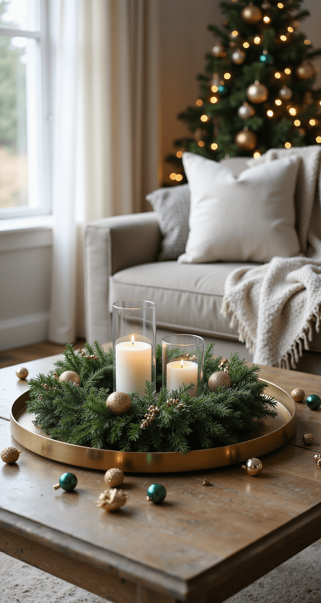 How to Decorate a Coffee Table for Christmas That'll Make Your Living Room Instagram-Worthy Ultra-detailed photorealistic living room scene featuring a rustic wooden coffee table adorned with a lush green Christmas wreath on an antique brass tray. Soft winter light filters through sheer ivory curtains, casting gentle shadows. Asymmetrically arranged mercury glass pillar candles, surrounded by glittery gold picks and frosted pine stems, complement scattered vintage glass ornaments in champagne and deep emerald tones. A textured wool throw drapes over a nearby sofa. The background reveals a decorated Christmas tree, creating a warm and inviting atmosphere from a slightly elevated viewpoint.