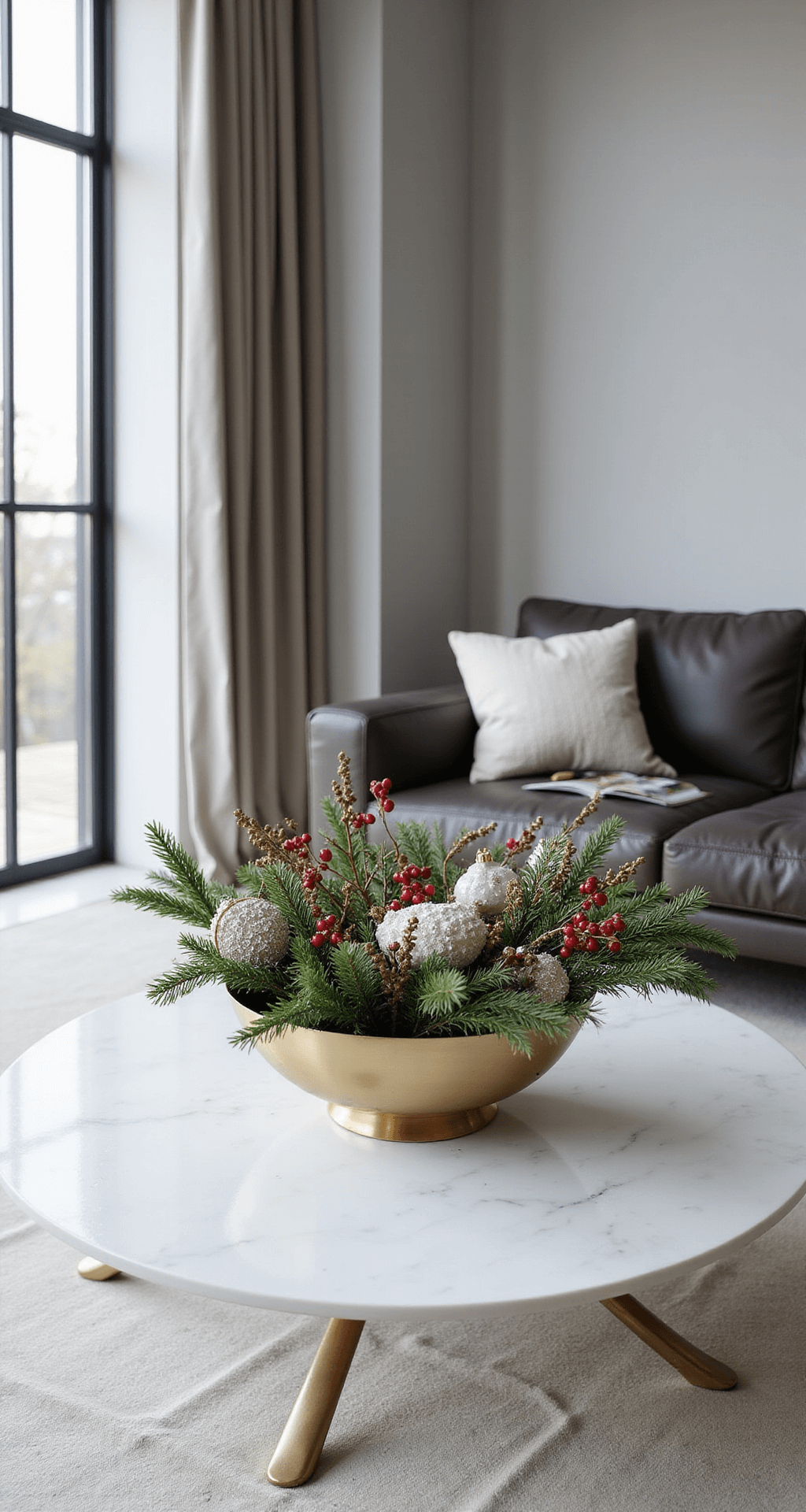 How to Decorate a Coffee Table for Christmas That'll Make Your Living Room Instagram-Worthy Elegant modern minimalist coffee table adorned with a white marble surface, a gold compote bowl filled with pine branches and red berries, set in a softly lit architectural living room with gray walls and a luxurious leather sectional.