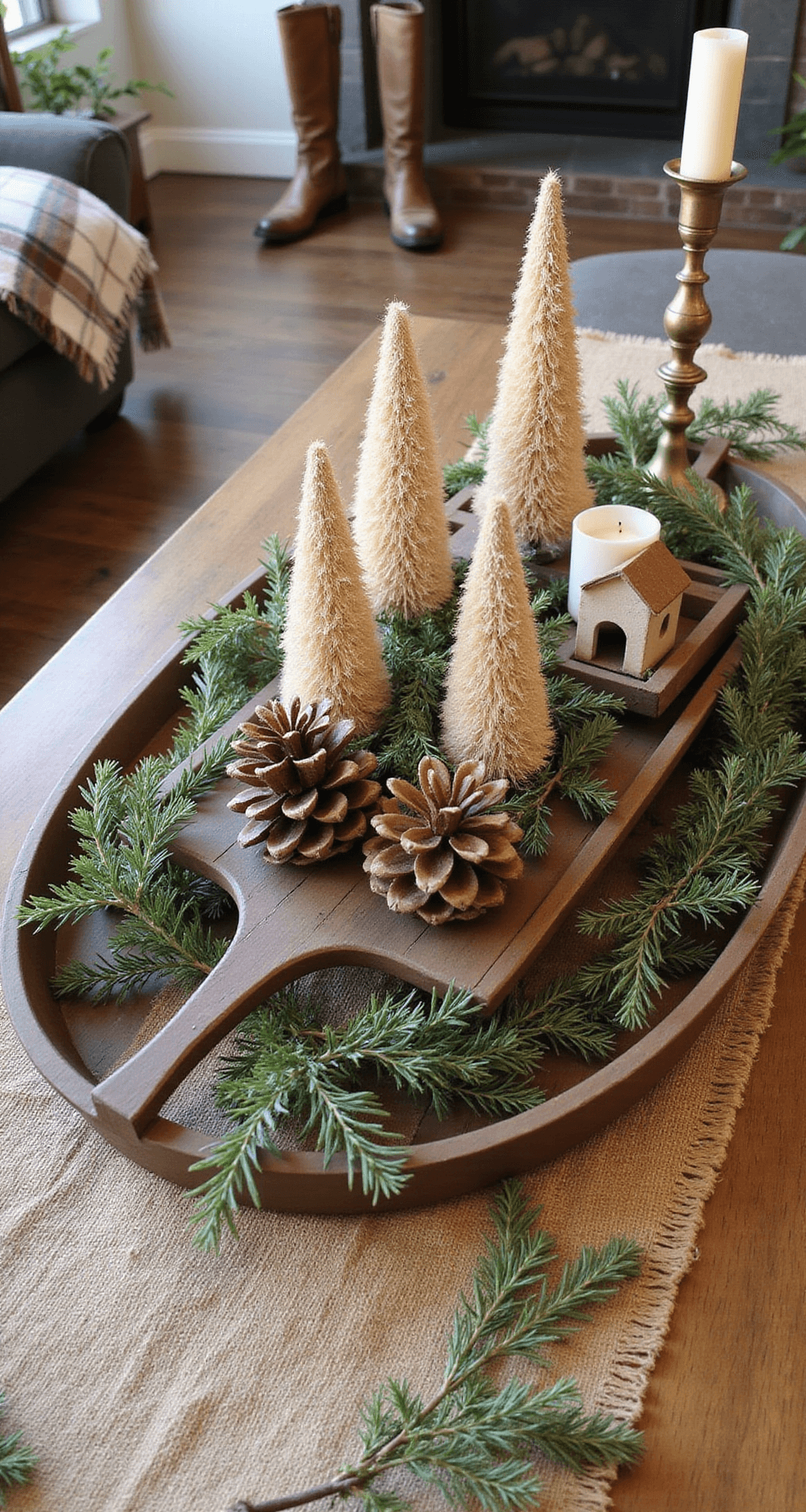 How to Decorate a Coffee Table for Christmas That'll Make Your Living Room Instagram-Worthy Cozy rustic farmhouse coffee table adorned with a wooden tray holding a layered winter vignette, featuring a vintage wooden sleigh with pinecone ornaments, miniature sisal trees, and a small ceramic house-shaped candle. The scene includes a burlap runner, aged brass candlesticks, and scattered juniper stems, all bathed in warm amber lighting that creates soft shadows. A plaid wool blanket and worn leather boots peek into the frame, enhancing the lived-in comfort aesthetic, captured from a slightly lower angle in a warm color palette of cream, rust, sage green, and burnished bronze.