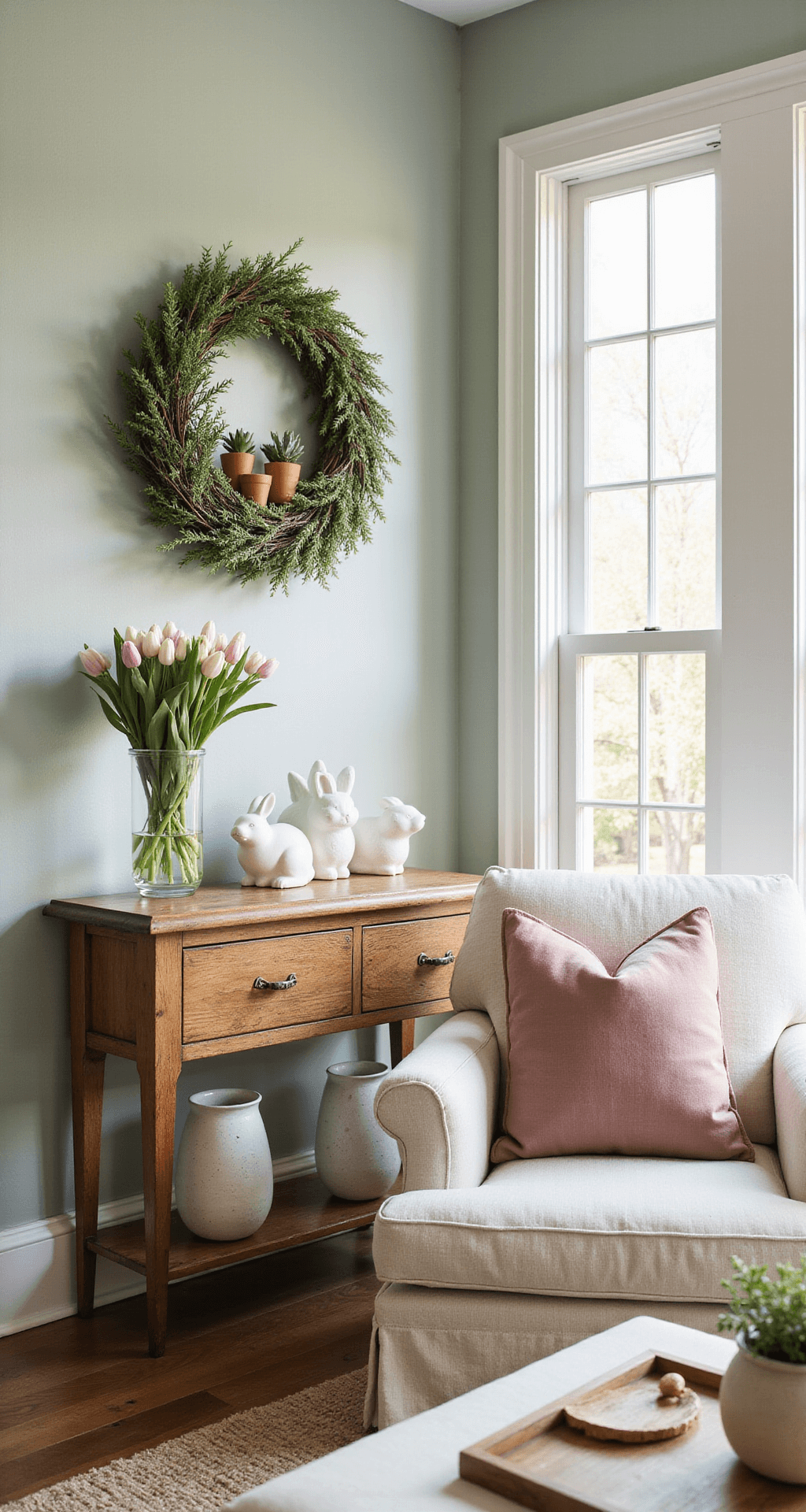 Easter Decorations That'll Make Your Home Look Like a Spring Dream (Without Breaking the Bank) Ultra-realistic interior of a sophisticated living room adorned with Easter decorations, featuring a sage green and cream color palette, large bay windows, a grapevine wreath with terracotta pots and faux succulents, a white ceramic bunny collection on a reclaimed wood console, fresh tulips in a glass vase, and dusty rose throw pillows on a cream linen sofa.
