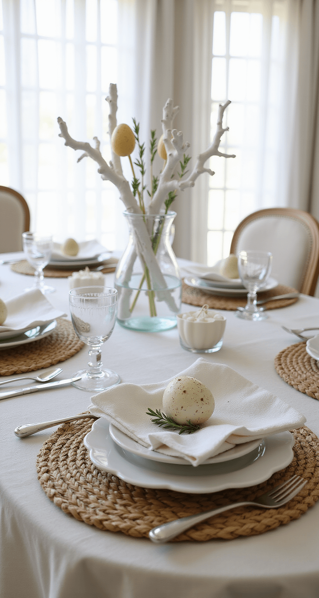 Easter Decorations That'll Make Your Home Look Like a Spring Dream (Without Breaking the Bank) Elegant dining room tablescape with neutral tones, featuring nest-inspired place settings with speckled eggs and rosemary, a centerpiece of white-painted branches with paper eggs in a clear vase, all bathed in soft natural light.