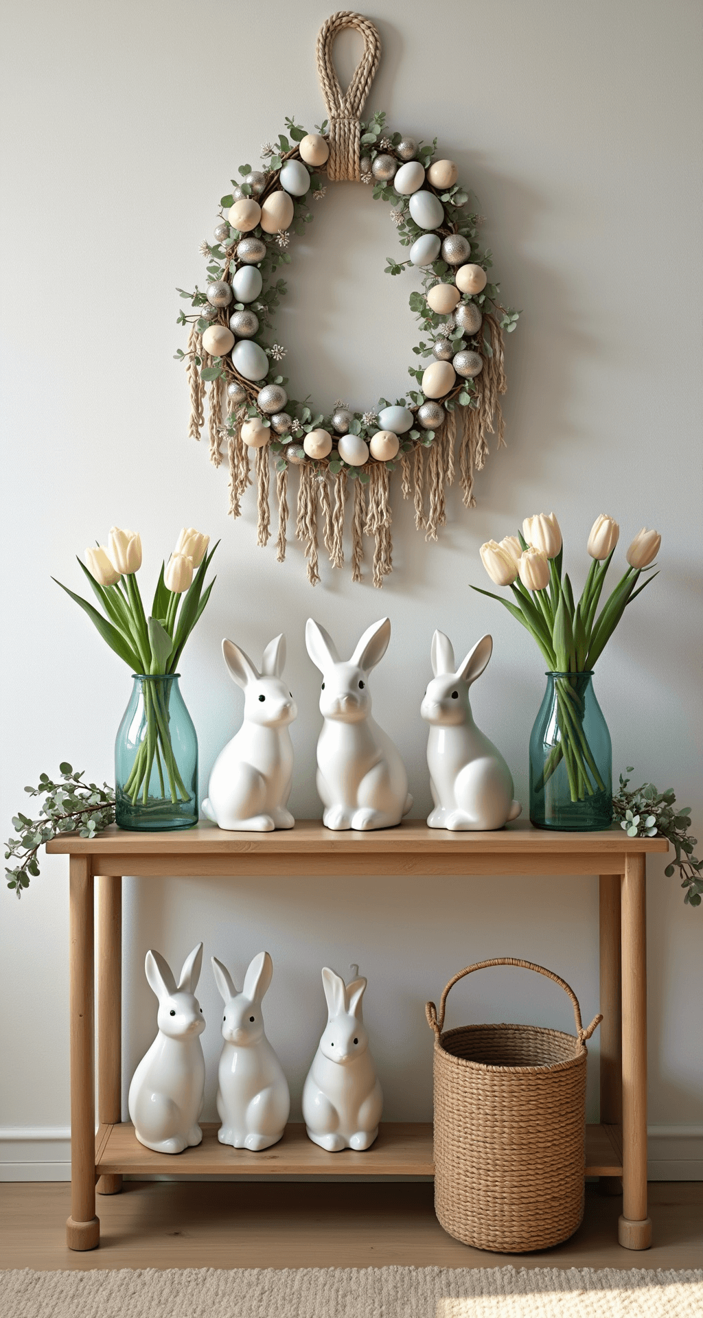 Easter Decorations That'll Make Your Home Look Like a Spring Dream (Without Breaking the Bank) Bohemian entryway decorated for Easter, featuring a macramé egg wreath on a white wall, a wooden console table with white ceramic bunnies and eucalyptus, soft blue tones, vintage glass vases with tulips, and warm afternoon lighting casting soft shadows.