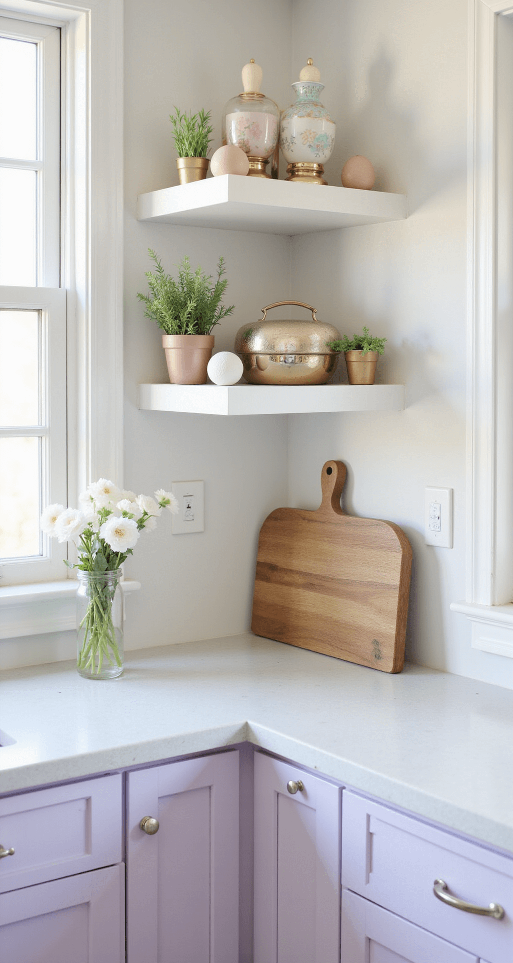 Easter Decorations That'll Make Your Home Look Like a Spring Dream (Without Breaking the Bank) A minimalist kitchen corner decorated for Easter, showcasing open shelving with pastel ceramic eggs and gold accents, crisp white countertops with a glass vase of ranunculus flowers, and natural wood cutting boards, all bathed in soft morning light.