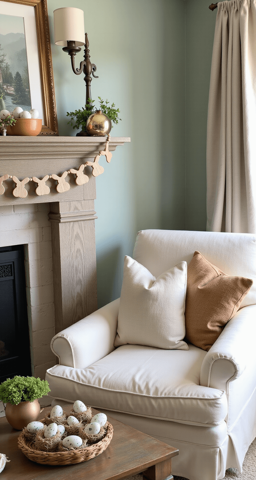 Easter Decorations That'll Make Your Home Look Like a Spring Dream (Without Breaking the Bank) Cozy living room corner with Easter decorations, featuring a wood bead bunny garland on a wooden mantel, sage green walls, a cream linen armchair with copper pillows, clusters of speckled eggs in nests, spring flowers, and warm ambient lighting from vintage lamps.