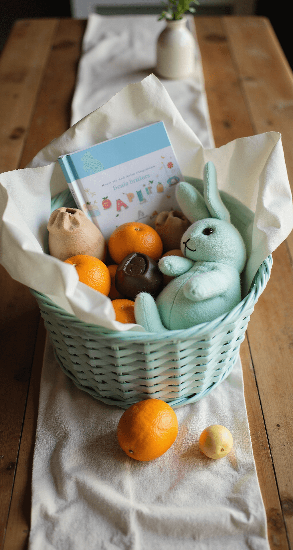 Easter Basket Ideas That'll Make You the Holiday Hero (Without Breaking the Bank) Aerial view of a meticulously styled Easter basket on a rustic wooden table at golden hour, featuring a pale robin's egg blue basket filled with pastel items, including a chocolate bunny, wooden toys, and fabric bunny, all softly illuminated by diffused sunlight.