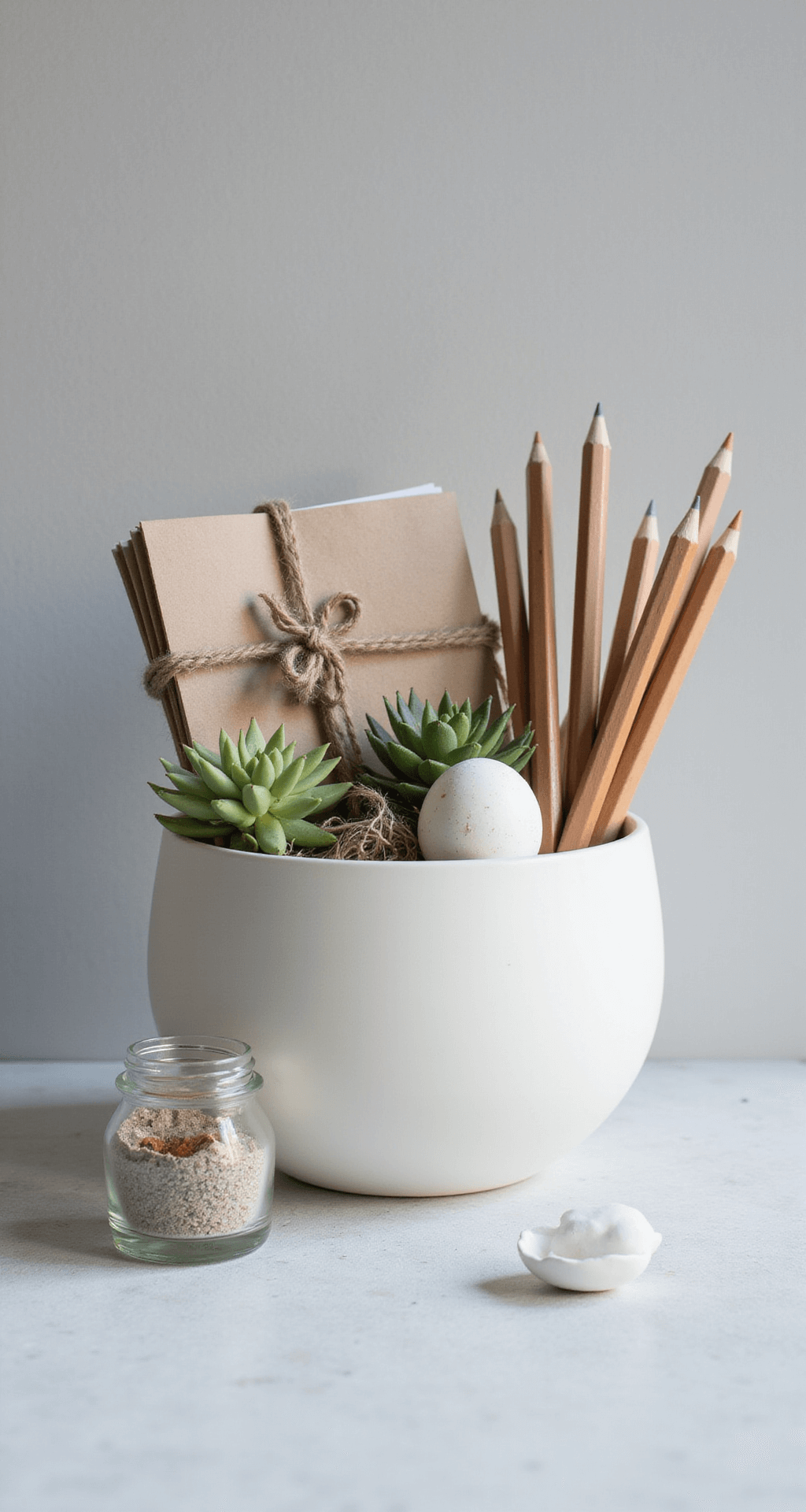 Easter Basket Ideas That'll Make You the Holiday Hero (Without Breaking the Bank) A modern minimalist Easter basket featuring a matte white ceramic planter filled with eco-friendly craft supplies, a small potted succulent, and a handmade ceramic egg ornament, styled on a pale concrete surface with a soft gray background.