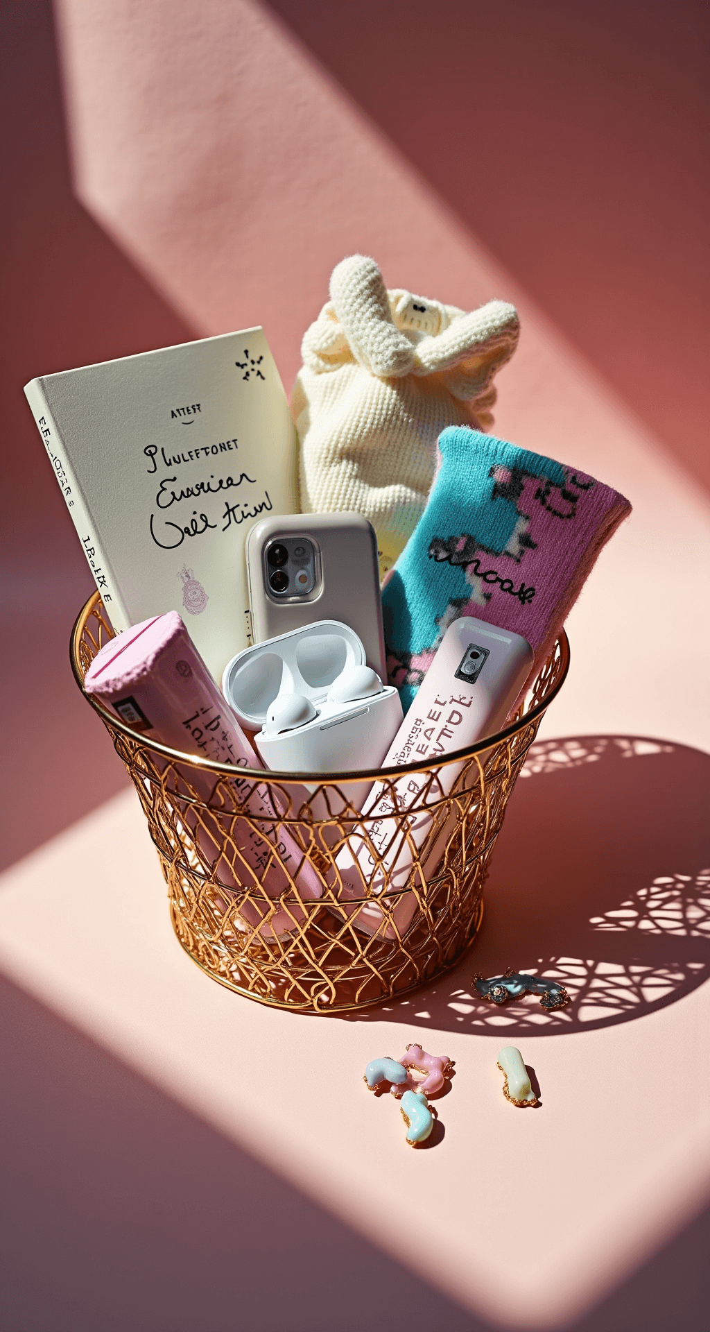 Easter Basket Ideas That'll Make You the Holiday Hero (Without Breaking the Bank) Whimsical Easter basket overflowing with trendy accessories on a blush pink velvet backdrop, showcasing wireless earbuds, a holographic phone case, tie-dye socks, LED string lights, a graphic novel, gourmet chocolate bars, and pastel hair clips, all styled in a messy-chic manner with dramatic side lighting and a shallow depth of field accentuating textures.